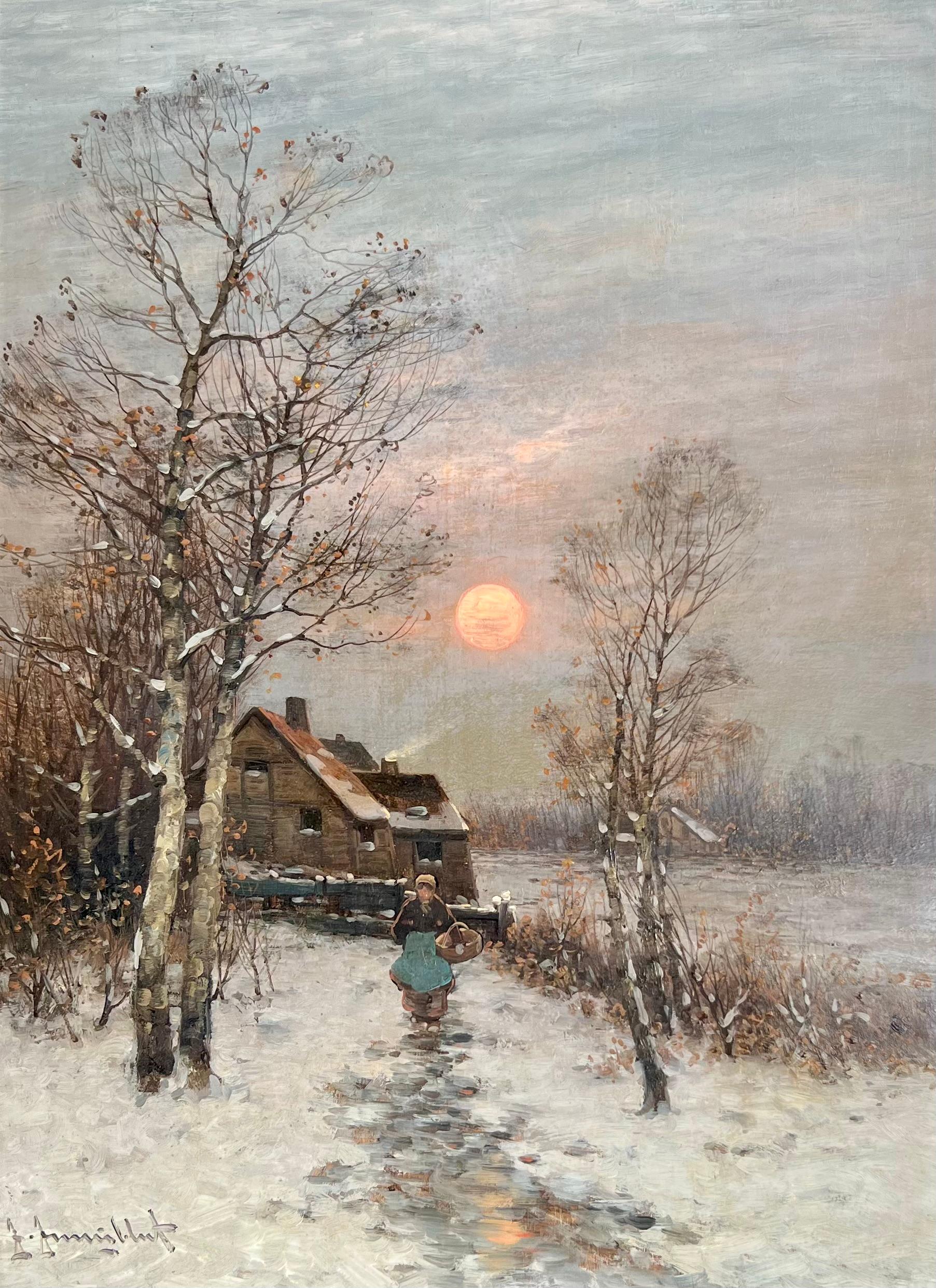 A bucolic sunrise scene from the Netherlands or German by Johann Jungblut.  Oil on board signed in the lower left.  Measures 23.25