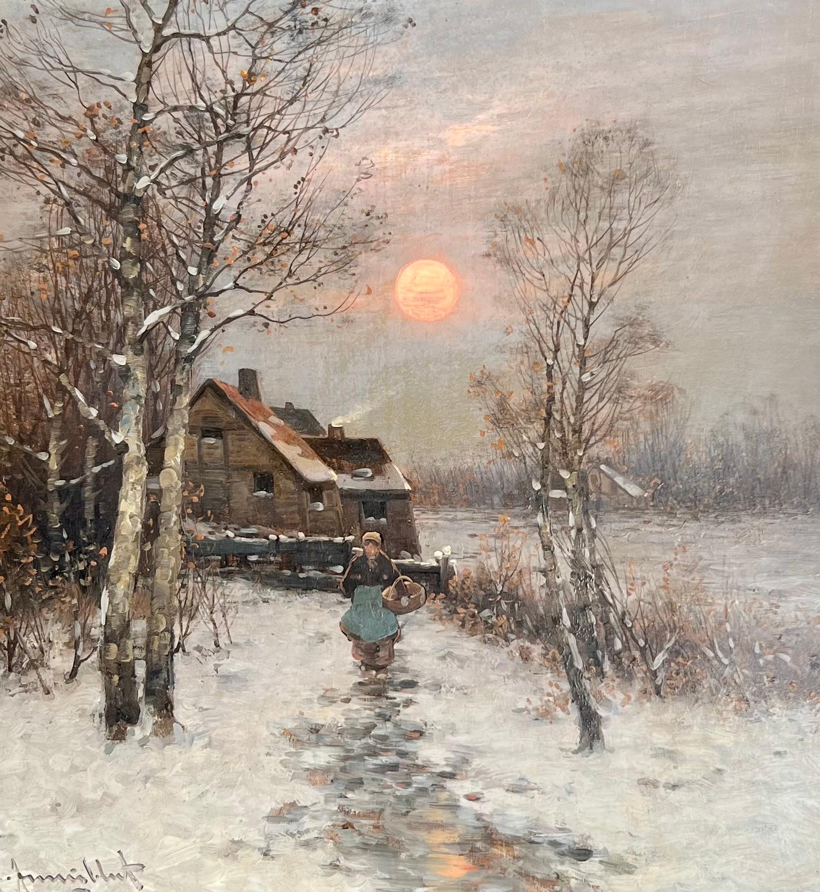 „Winter's Glow“ Gemälde der niederländischen Schule des 19. Jahrhunderts von Johann Jungblut  (Deutsch) im Angebot