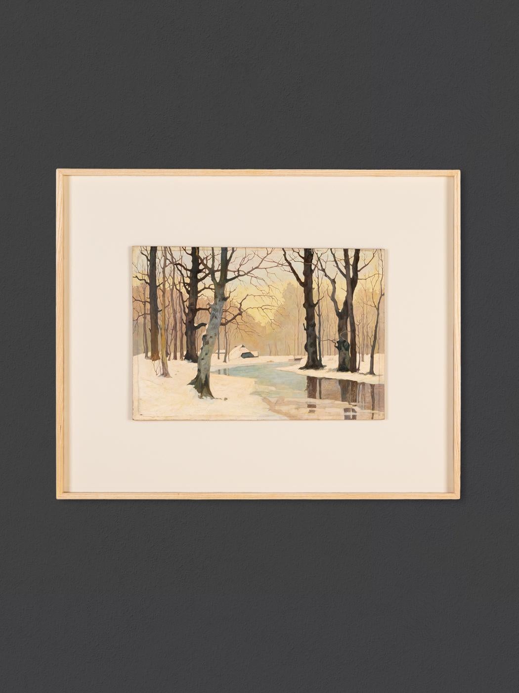 Painted  Winterwald Oil on Hardboard Framed Snowy Landscape Forest Trees For Sale