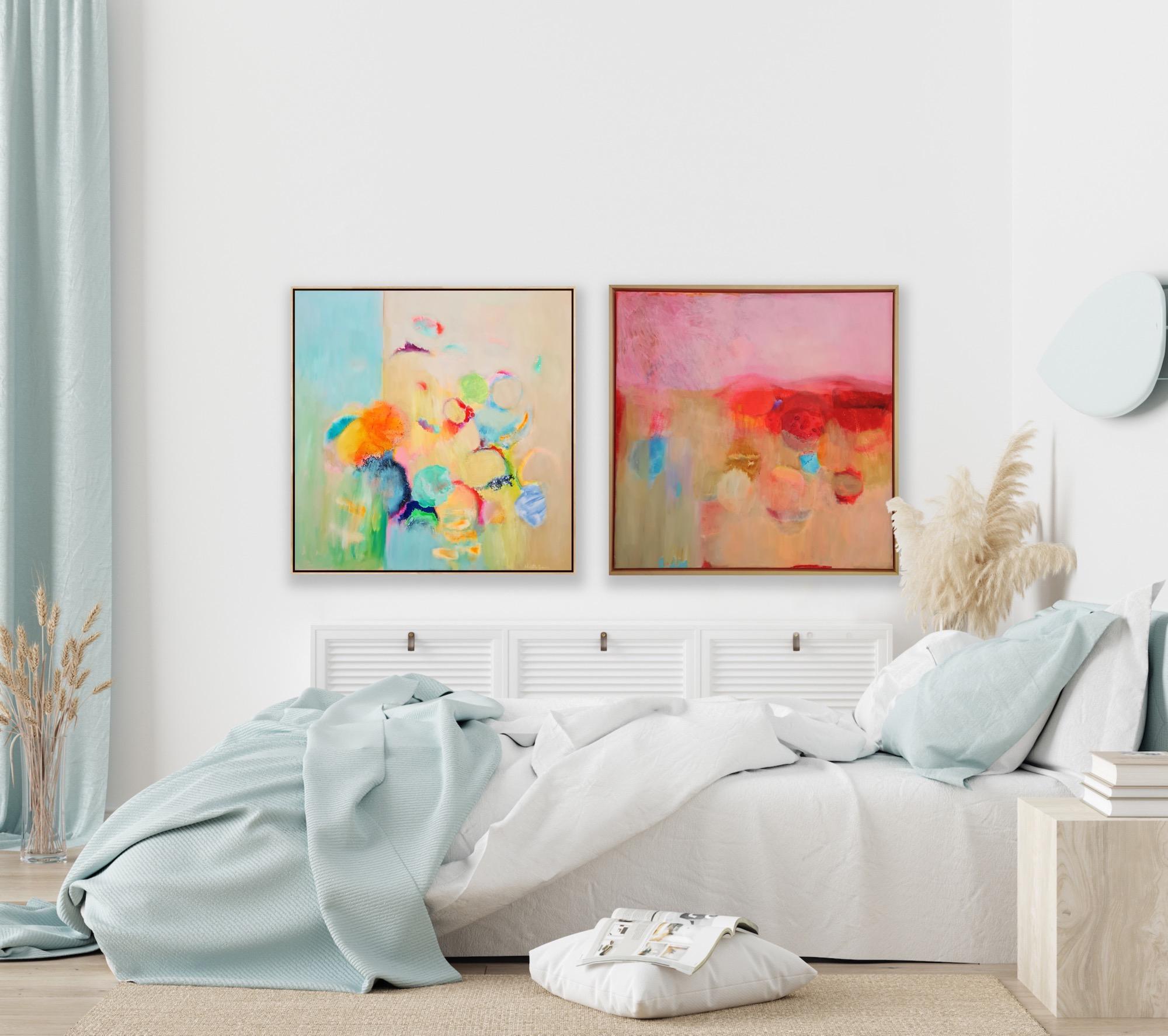 Díptico Mon Amour y Pistacho, Pintura original, Abstracto, Pintura rosa en venta 1
