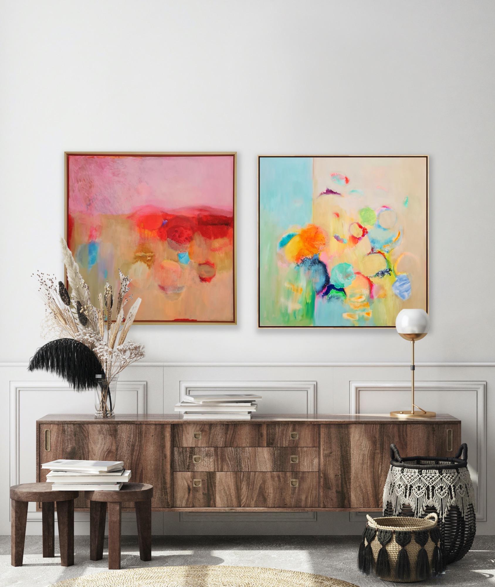 Díptico Mon Amour y Pistacho, Pintura original, Abstracto, Pintura rosa en venta 2