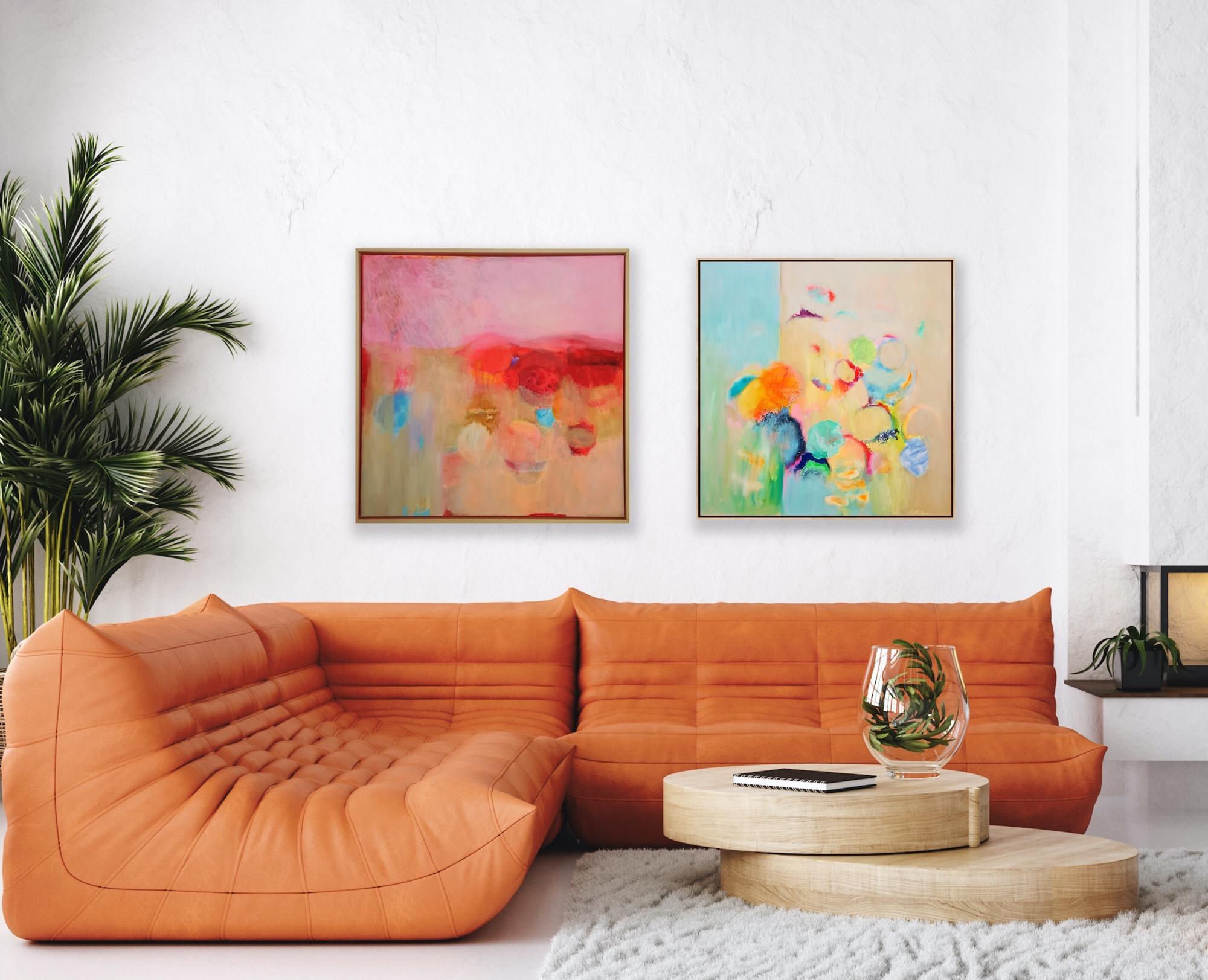Díptico Mon Amour y Pistacho, Pintura original, Abstracto, Pintura rosa en venta 3