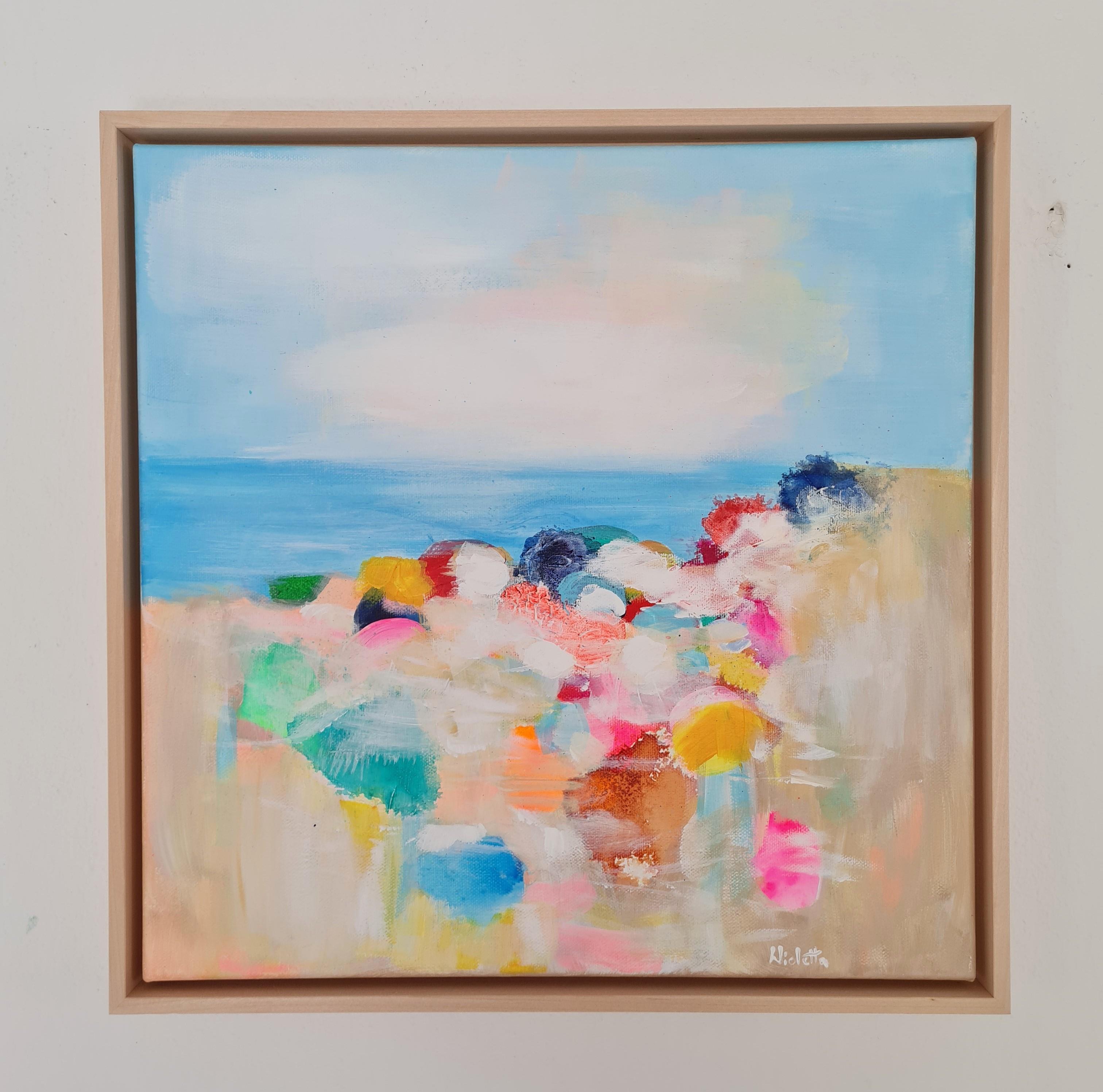Sapphire Blue Beach, original painting, contemporary, landscape, seascape - Painting by Wioletta Gancarz