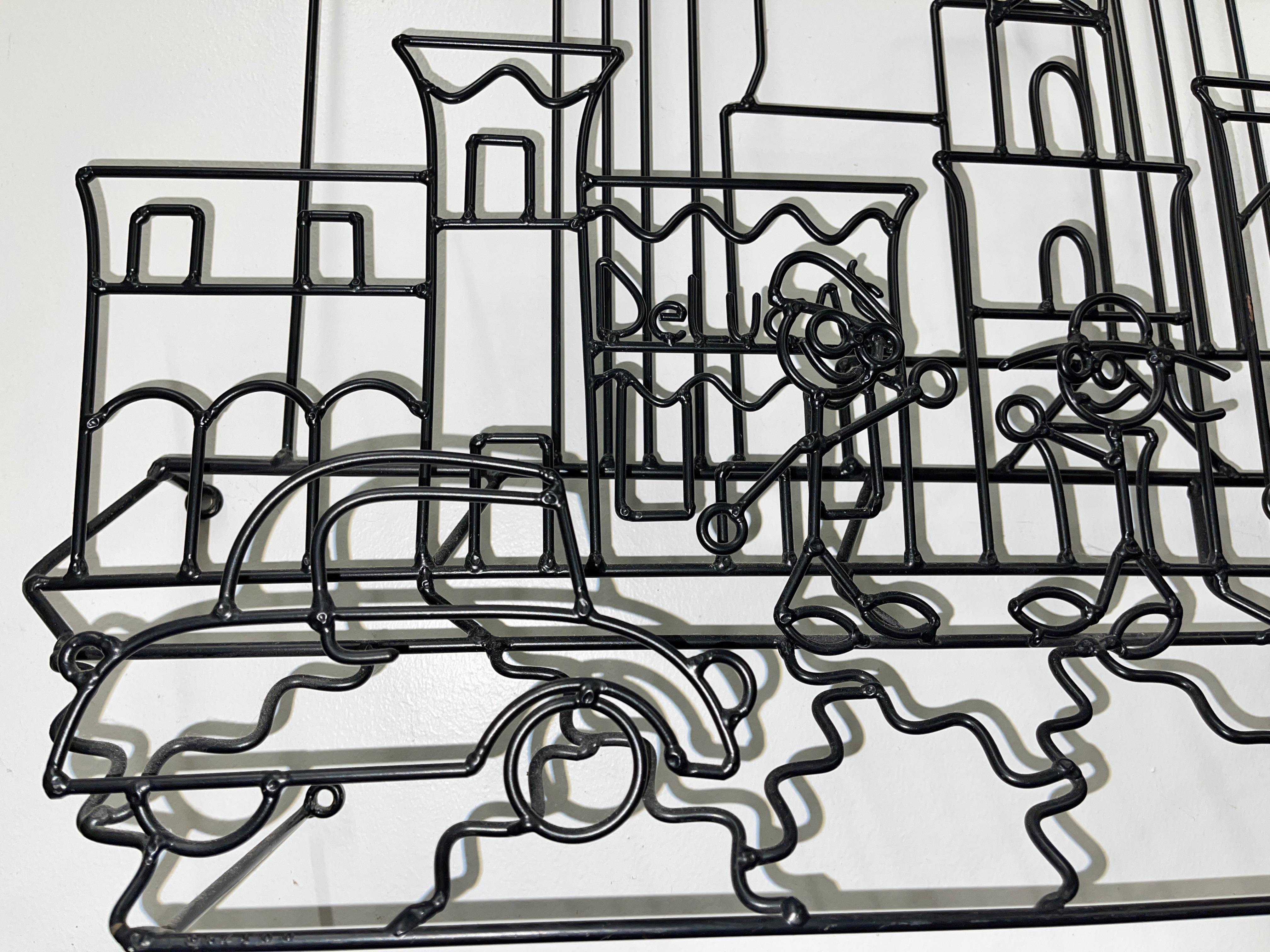 Steel Wire Art Wall Mounted Sculpture of Boston Skyline by Barrett DeBusk For Sale