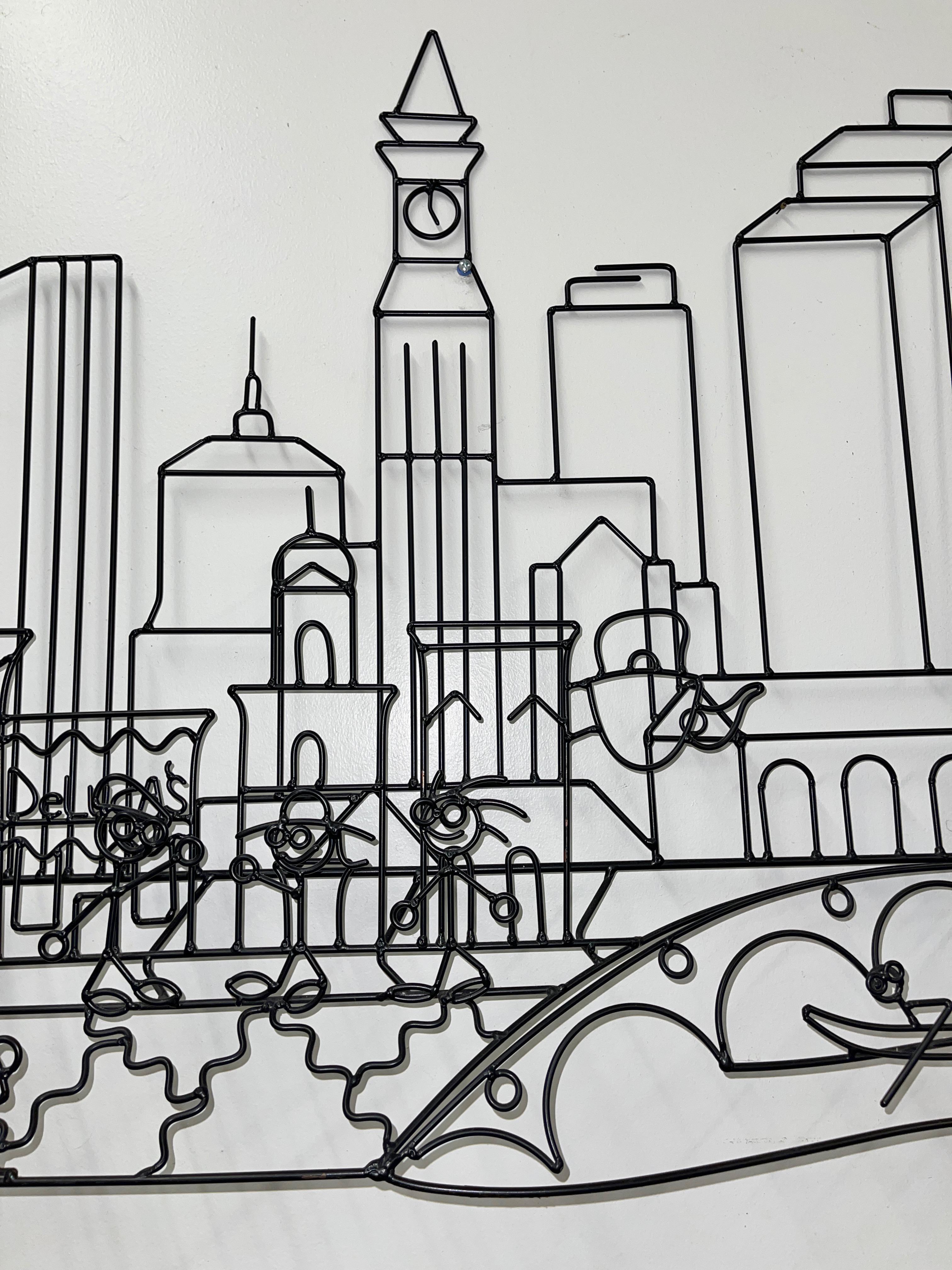 Powder-Coated Wire Art Wall Mounted Sculpture of Boston Skyline by Barrett DeBusk For Sale