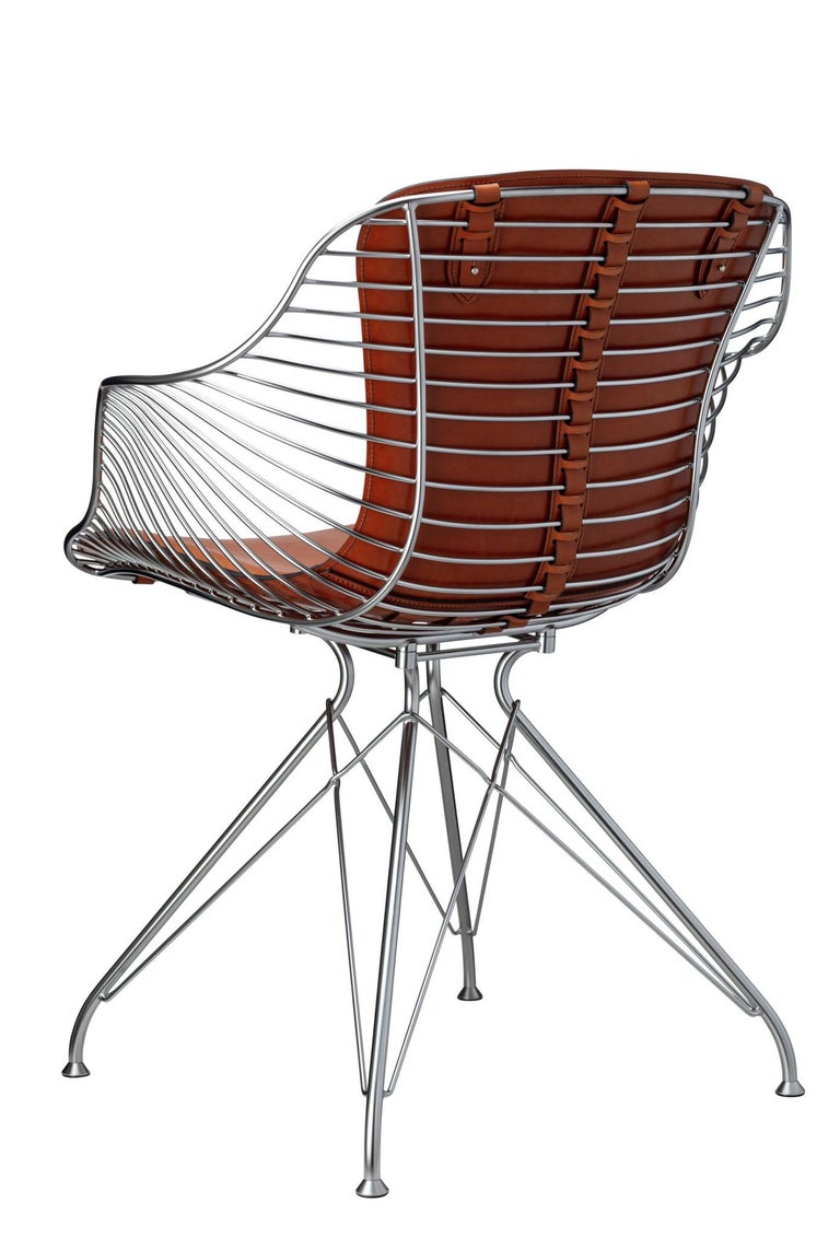 Wire Dining Chair OD1146 Whiskey Leather, Ye/ Satin Chrome Steel by O&D For Sale at 1stDibs