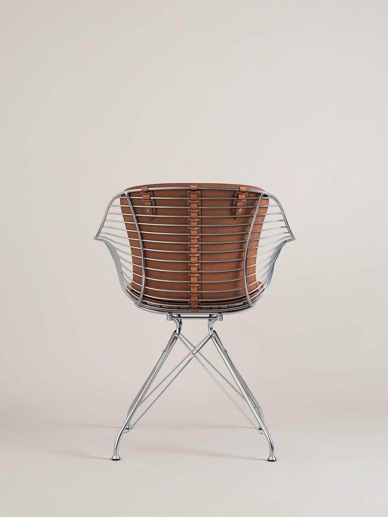 Wire Dining Chair OD1143, Light Brown Leather/ Satin Chrome Steel by O