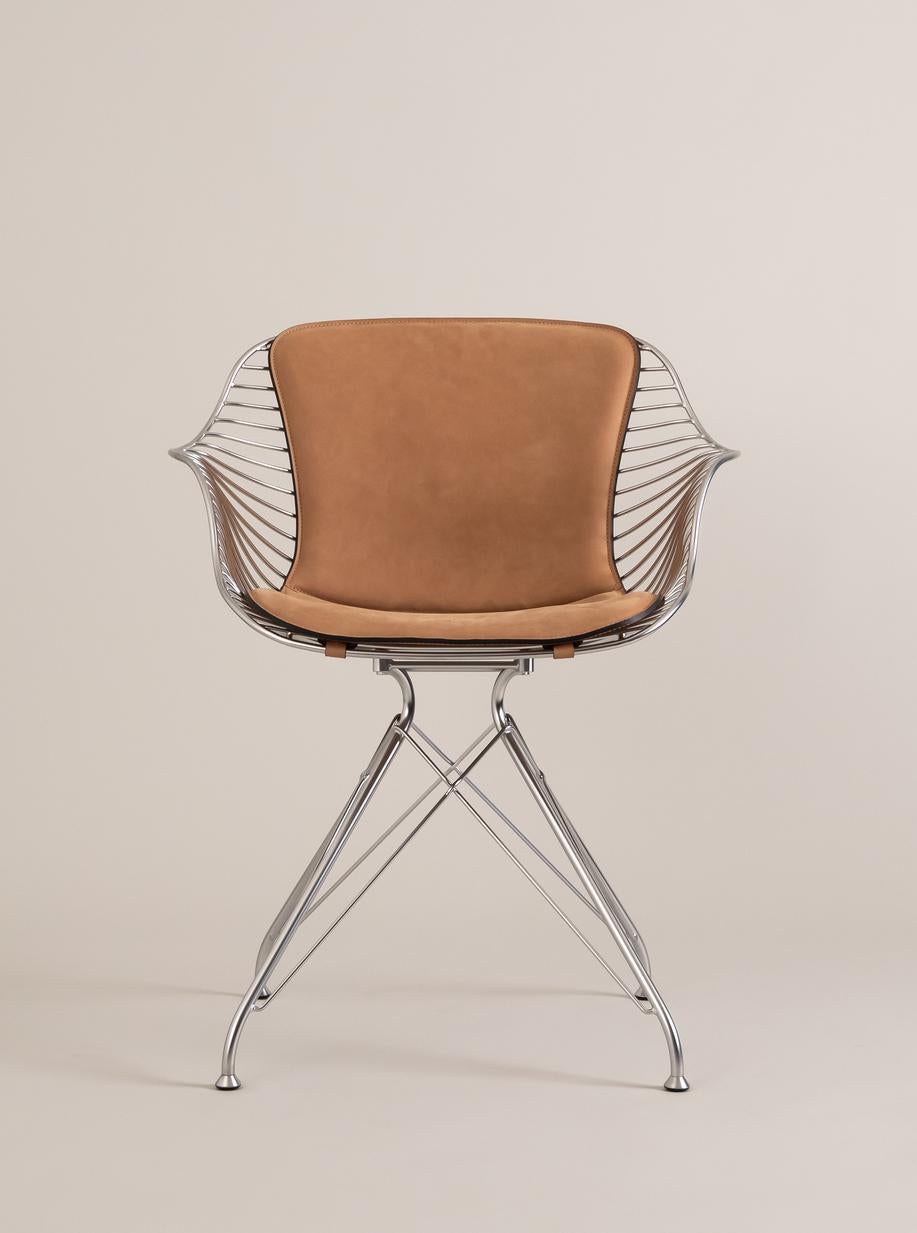 Danish Wire Dining Chair OD11-43, Sand Matstone Leather/ Satin Chrome Steel by O&D For Sale