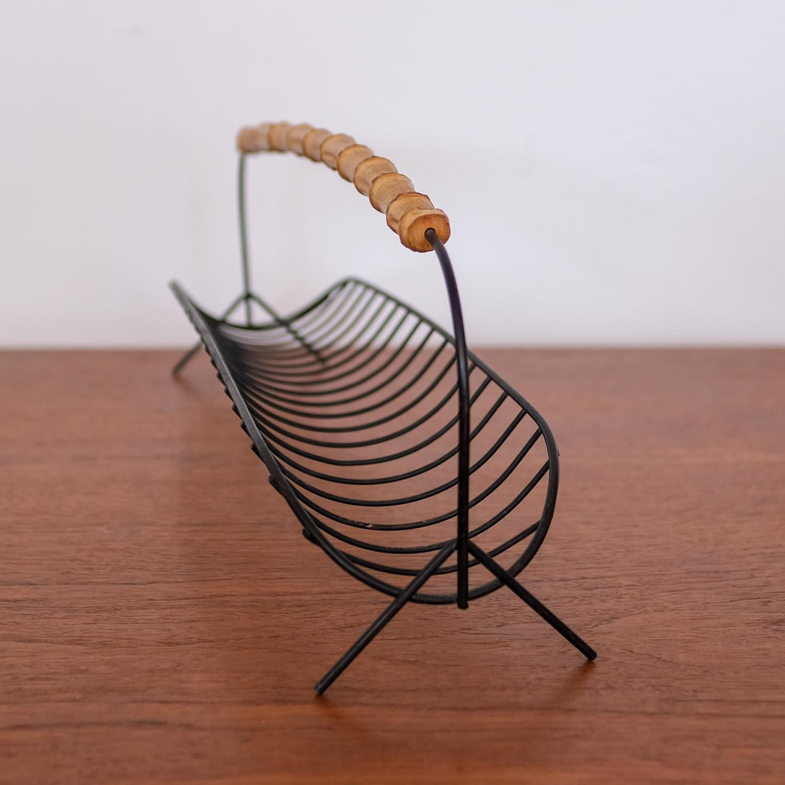 Mid-Century Modern Wire Fruit Basket with Cane Handle, 1950s For Sale