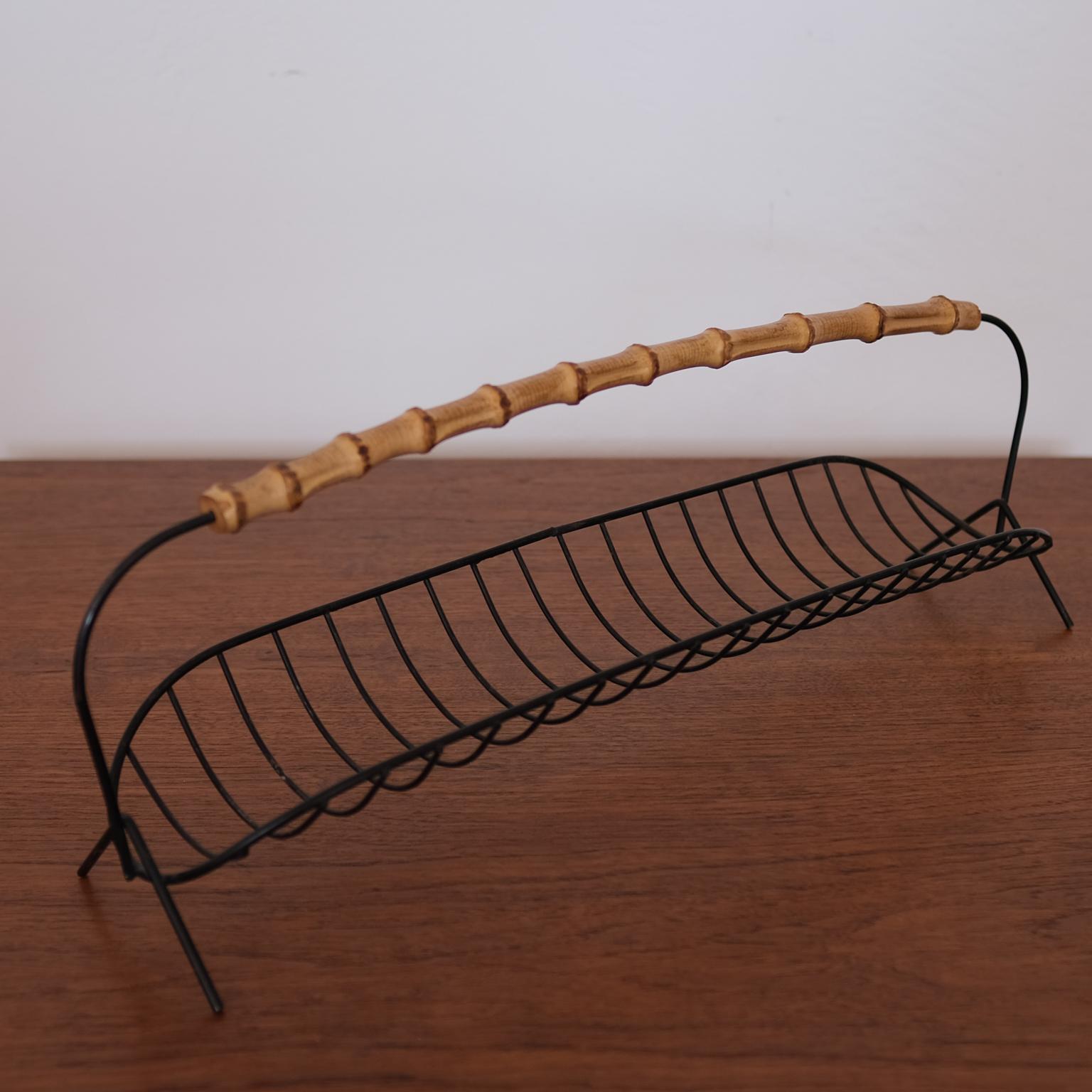 Mid-20th Century Wire Fruit Basket with Cane Handle, 1950s For Sale