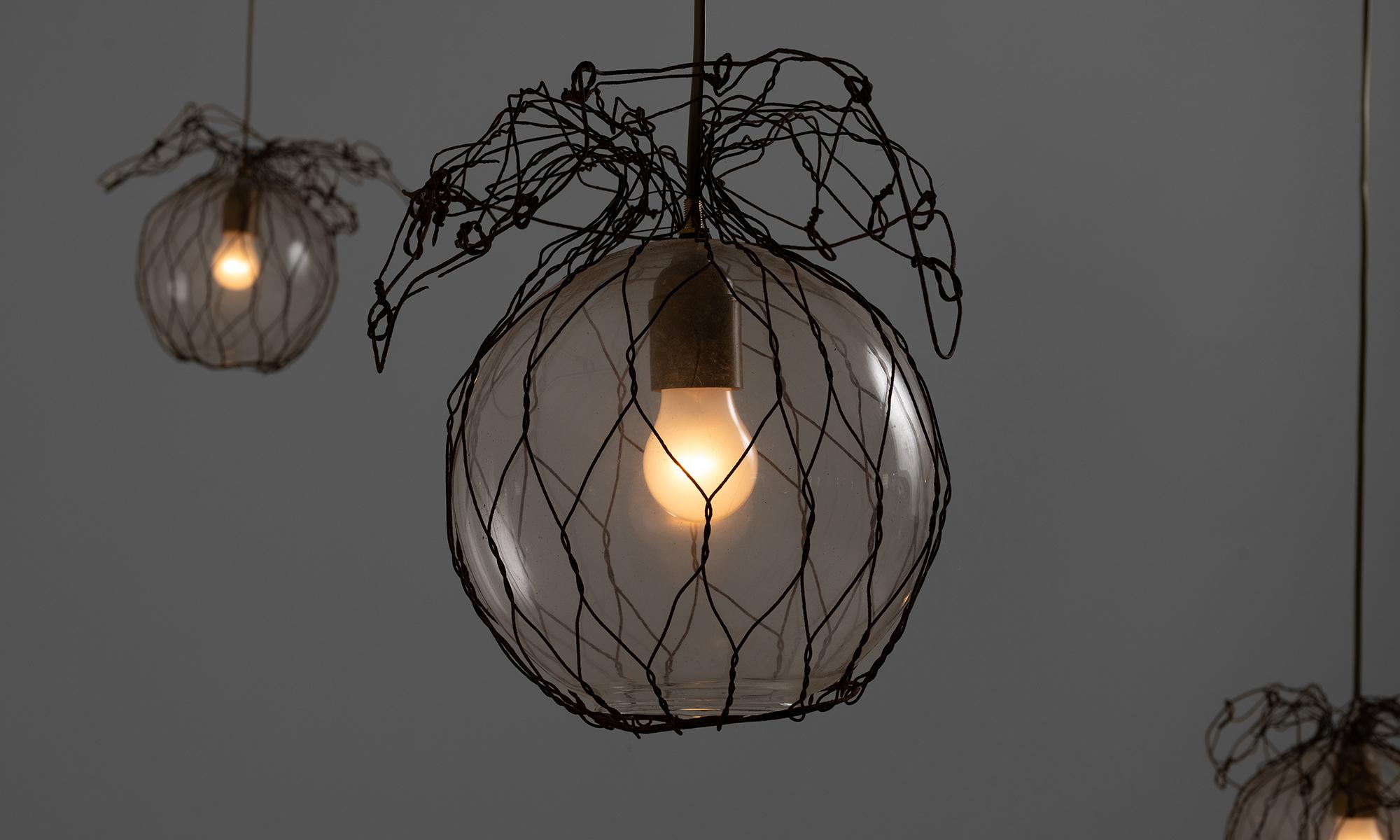 Mid-Century Modern Wire & Glass Pendants, France 1940