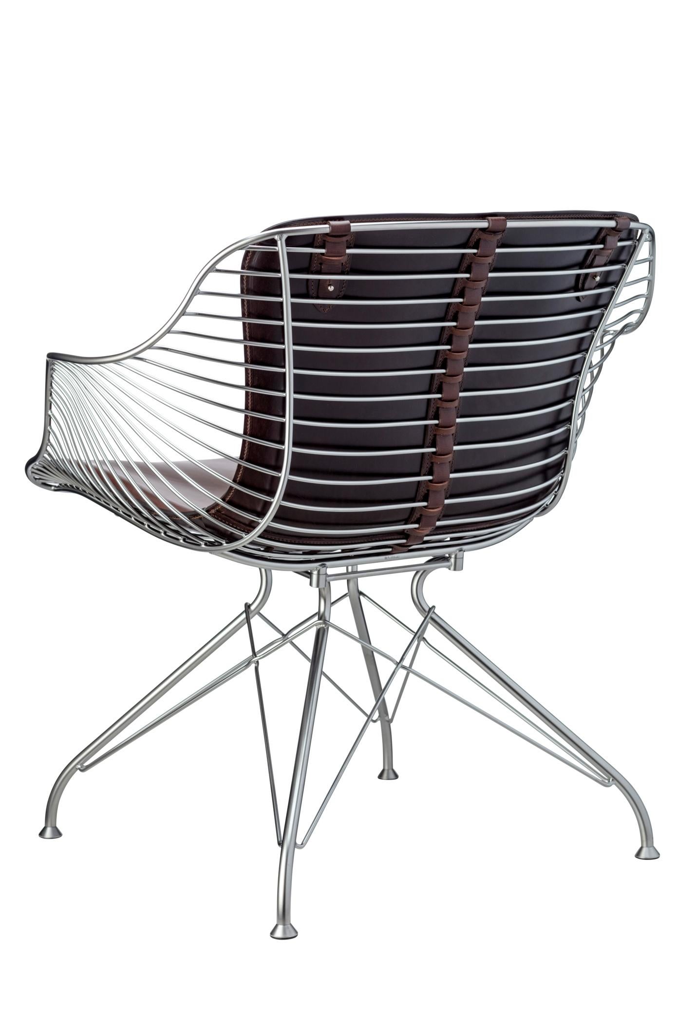 Wire Lounge Chair OD12, Dark Brown Leather/ Satin Chrome Steel by O&D In New Condition For Sale In Dubai, AE