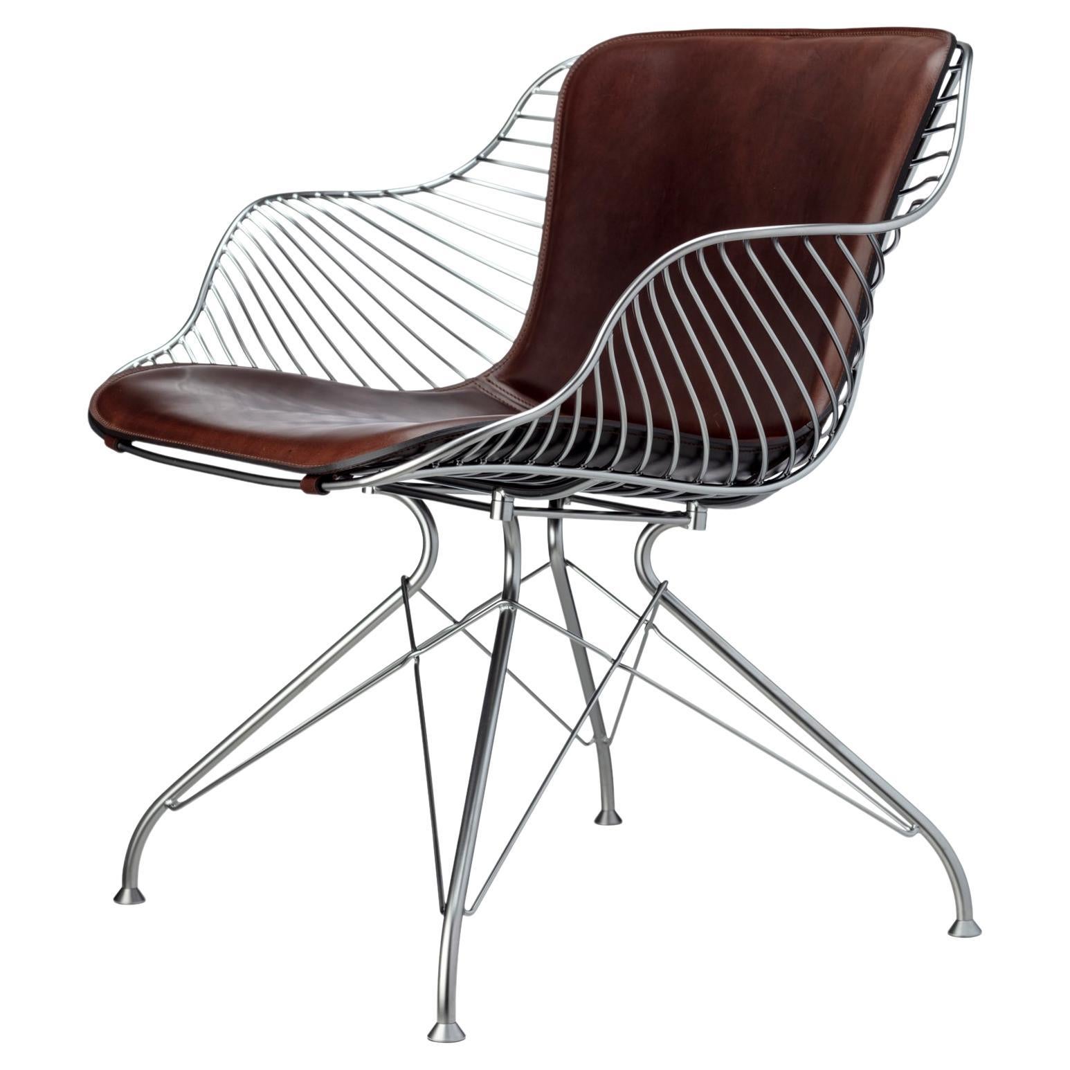 Wire Lounge Chair OD12, Dark Brown Leather/ Satin Chrome Steel by O&D For Sale