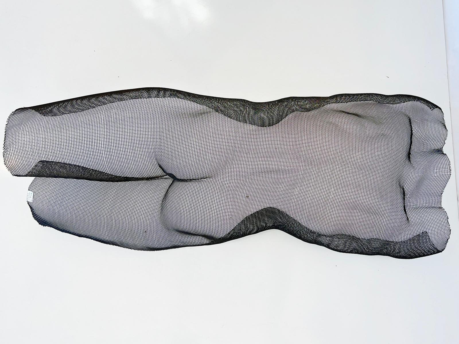 Sculpture figurative tridimensionnelle grandeur nature d'Eric Boyer, formée de grillage métallique, représentant le torse et les jambes d'un homme nu. Cette pièce est très légère, et conçue pour être accrochée à un mur. Une étiquette en métal