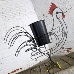 Wire Rooster Folk Art Planter with Red Comb Yellow Toes and Black Bucket
