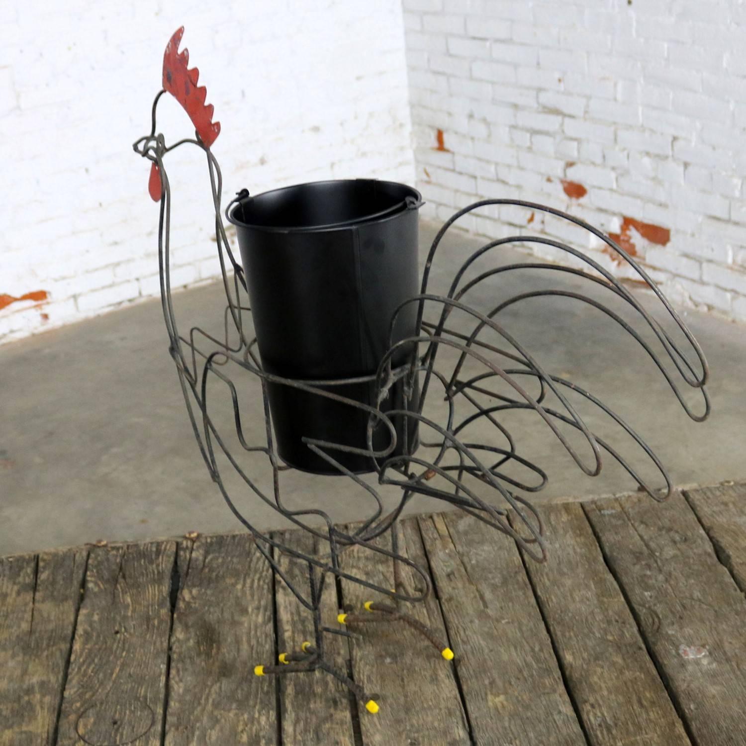 Wire Rooster Folk Art Planter with Red Comb Yellow Toes and Black Bucket In Distressed Condition In Topeka, KS