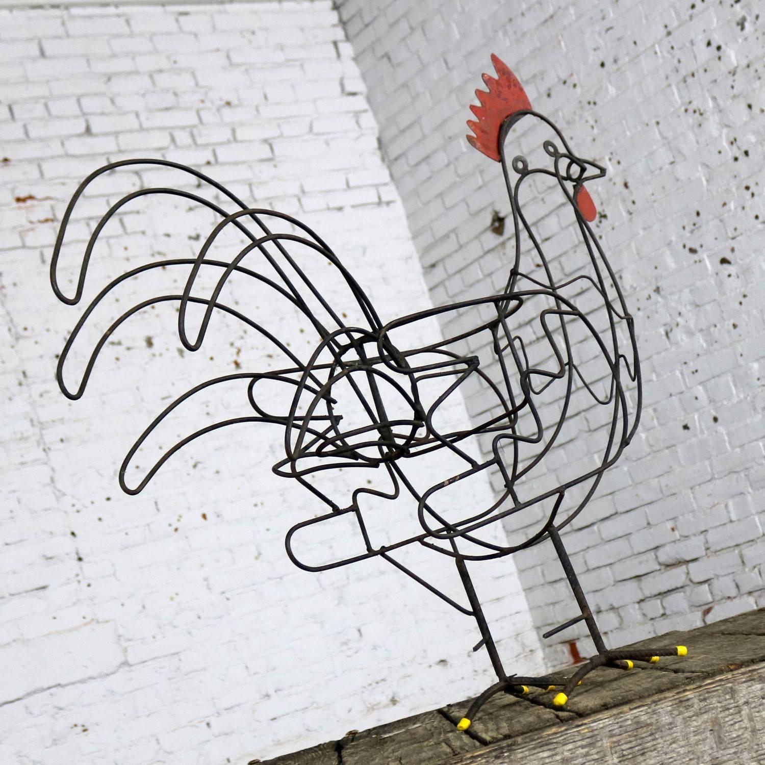 Contemporary Wire Rooster Folk Art Planter with Red Comb Yellow Toes and Black Bucket