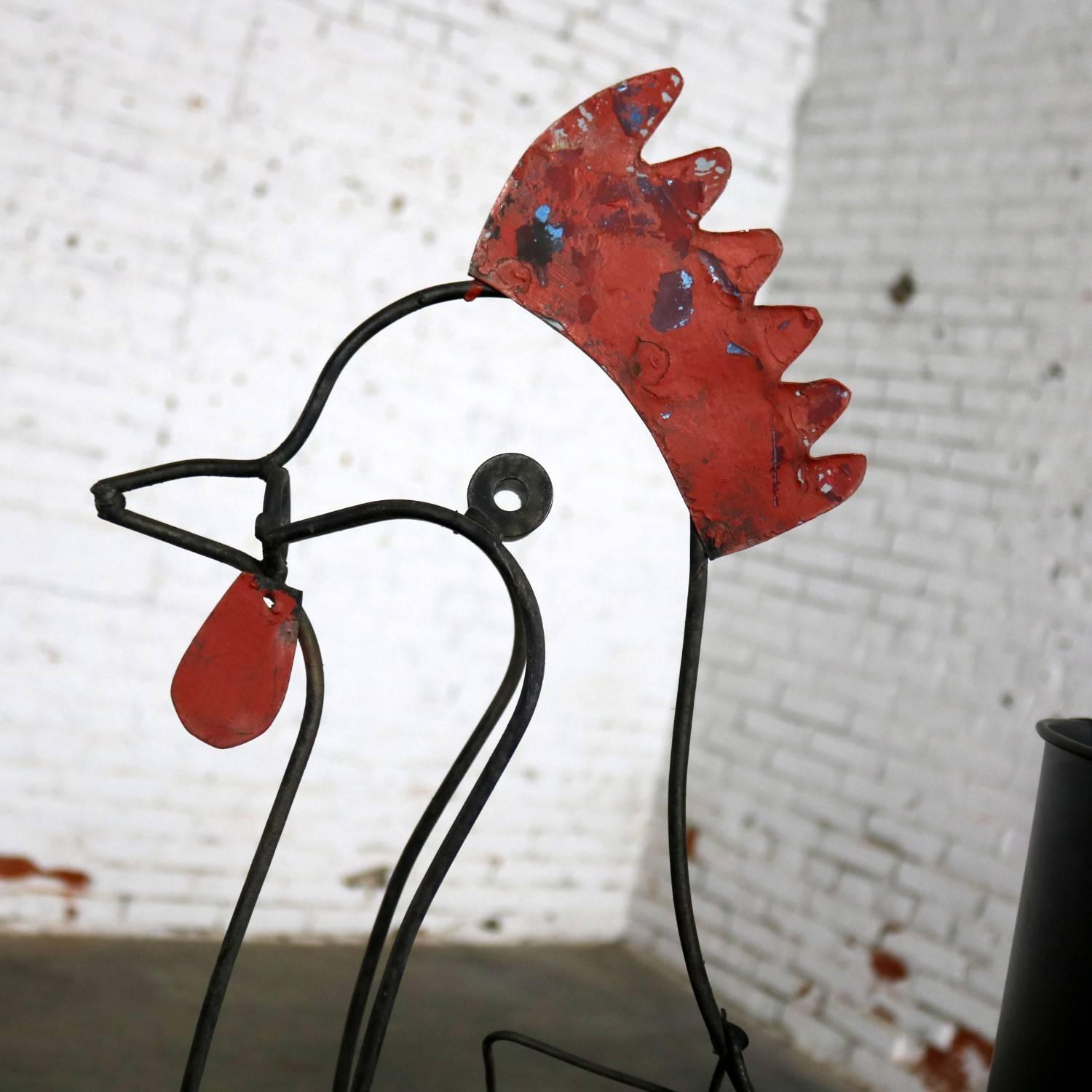 Wire Rooster Folk Art Planter with Red Comb Yellow Toes and Black Bucket 2