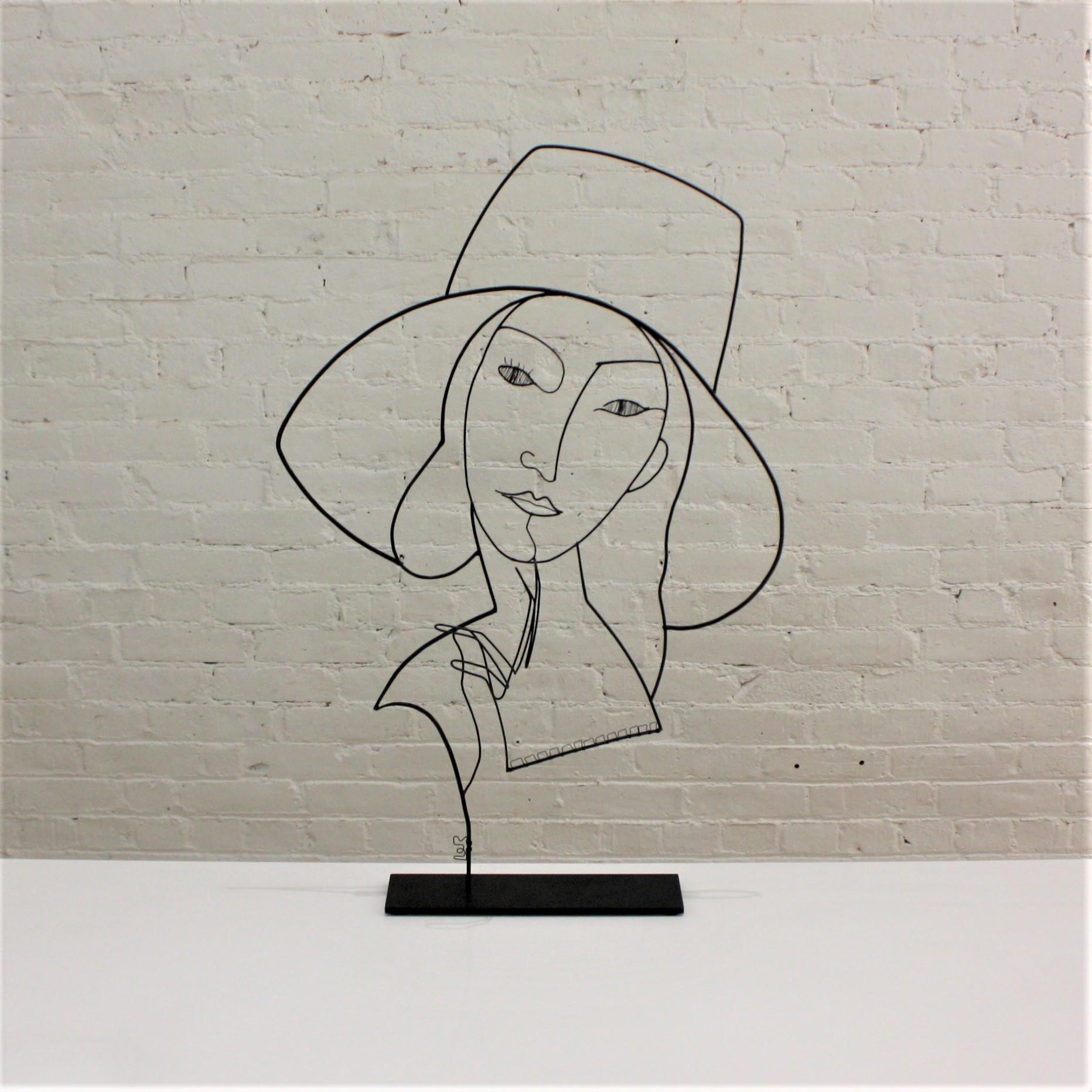 Hammered iron wire sculpture with steel stand. Laure Simoneau's creation 'The Woman in a Hat' is part of her Modigliani Series. Her sculptures follow in the footsteps of Alexander Calder, creating substance out of nothing : the space between the