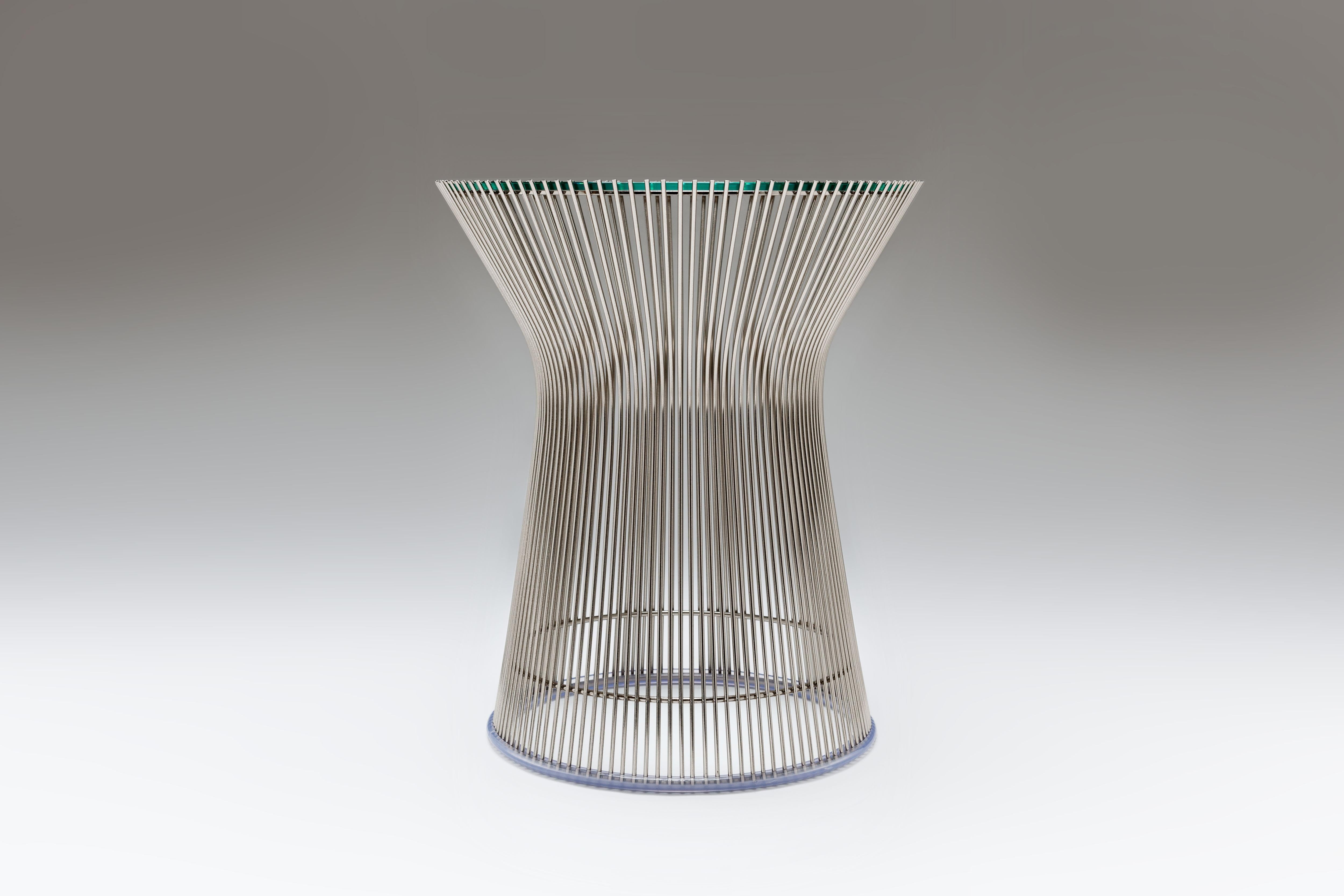 Nickel plated steel wire rods side table by Warren Platner for Knoll International with transparent glass tabletop. 
Exquisite craftsmanship, all rods are completely hand welded. 

Part of the wire series designed by Warren Platner in 1966. Executed