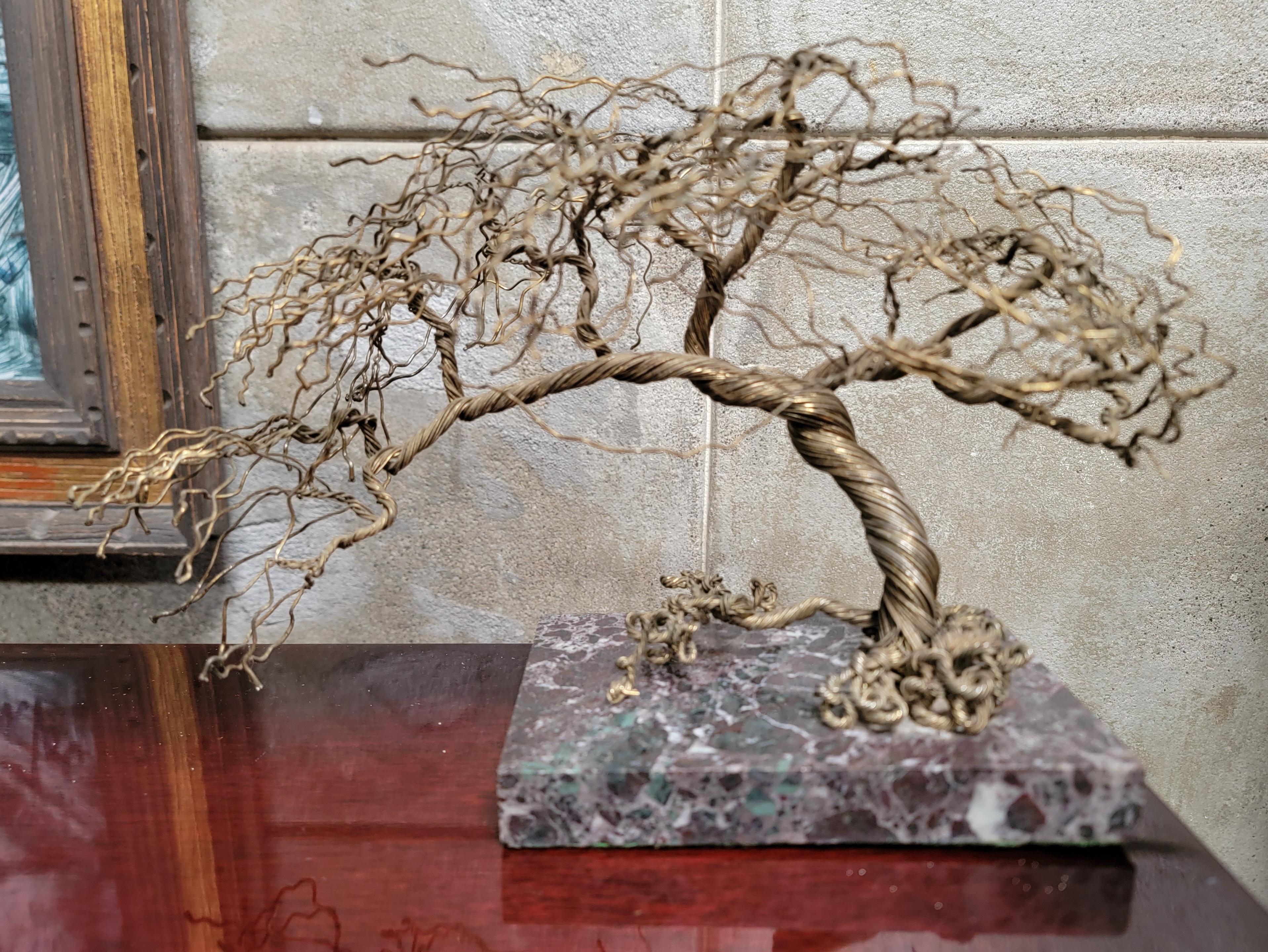 Mid-Century Modern Wire Tree Sculpture on Marble Base, Artist Signed For Sale