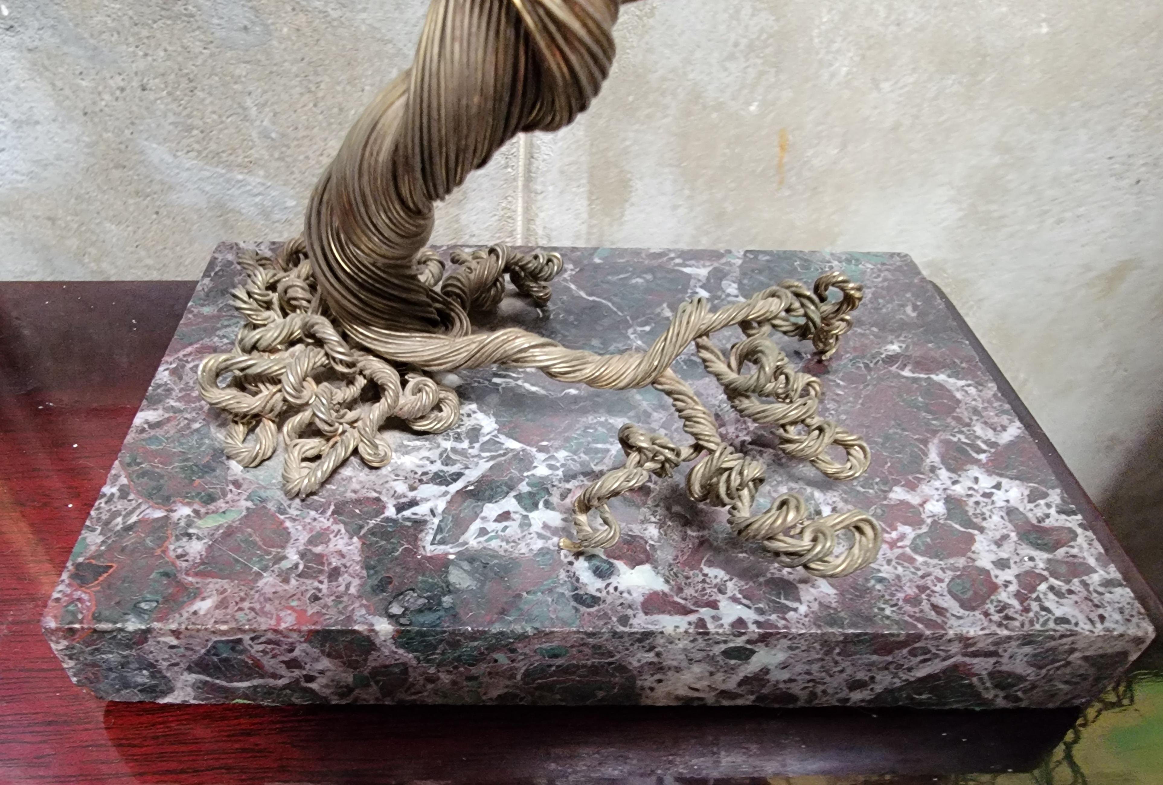 Brass Wire Tree Sculpture on Marble Base, Artist Signed For Sale