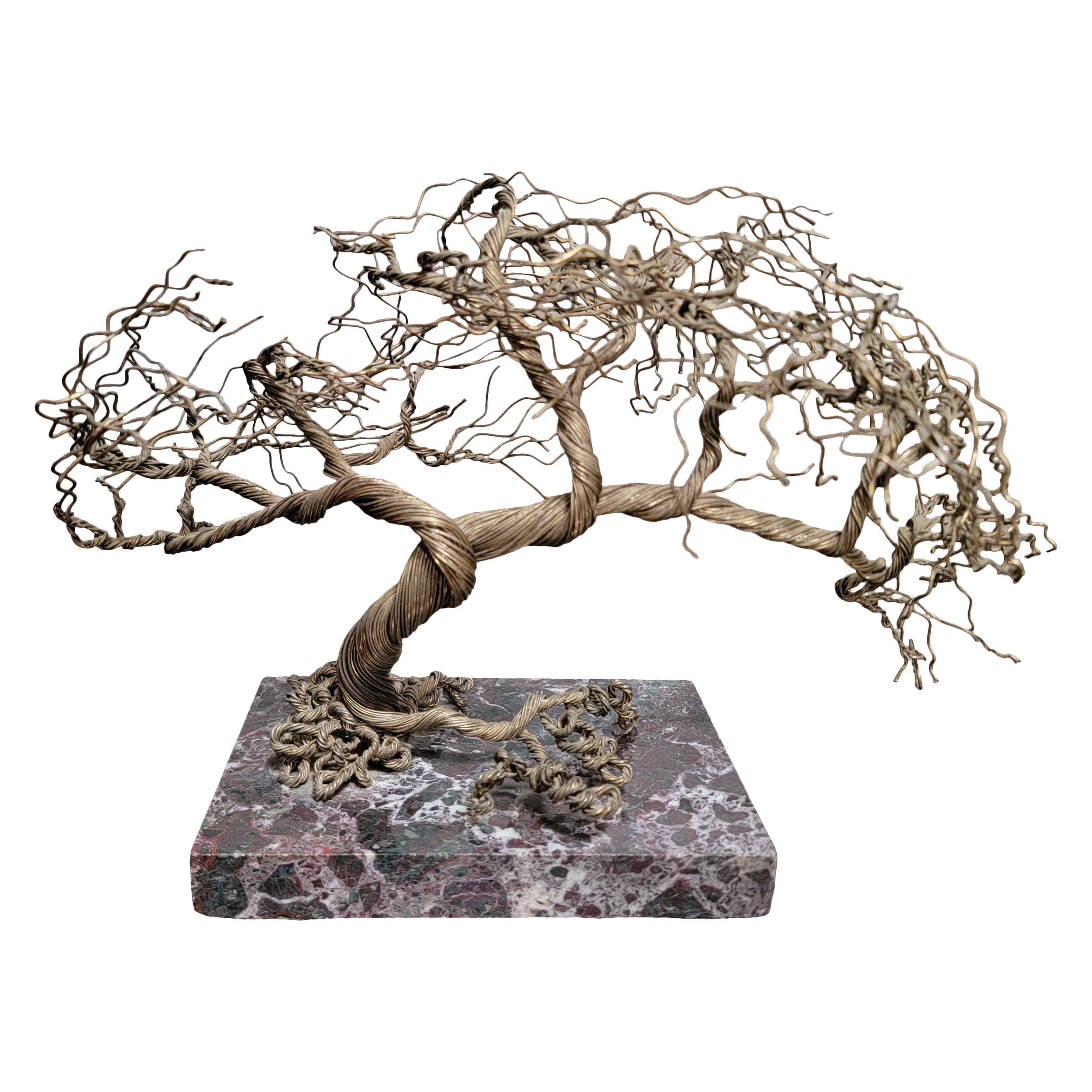 Wire Tree Sculpture on Marble Base, Artist Signed For Sale