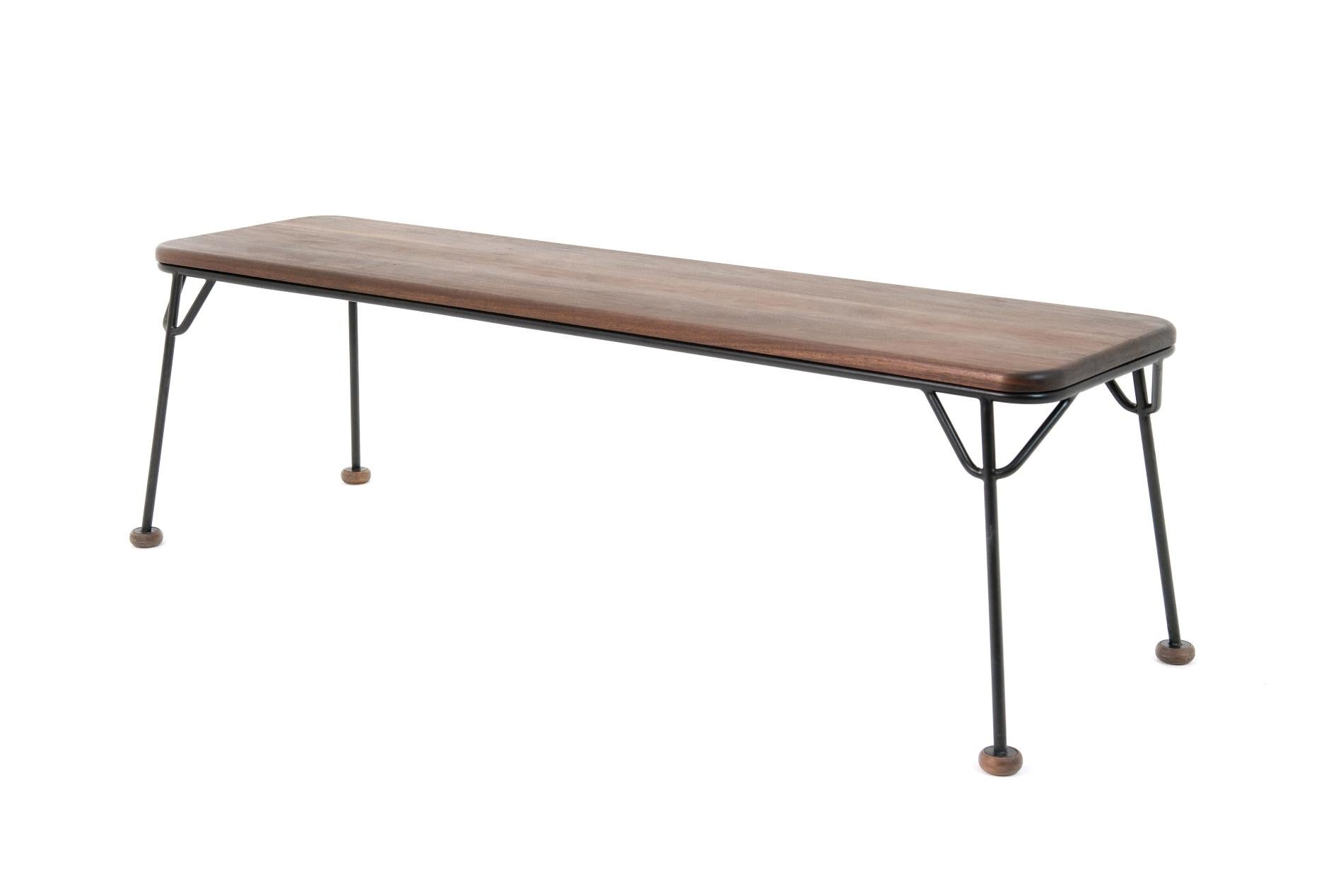 Minimalist Wired Bench, Minimal Handcrafted Three-Person Bench in Walnut and Black Steel For Sale