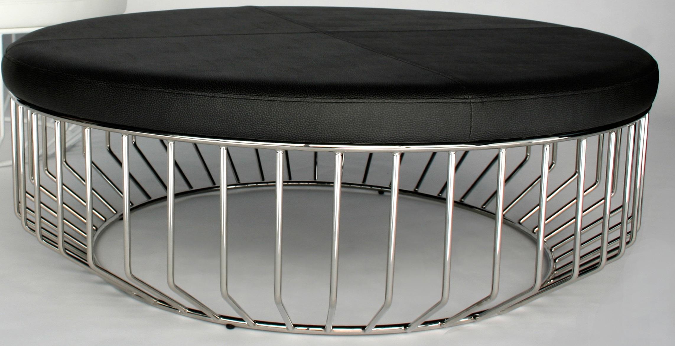 Wired Large Ottoman by Phase Design
Dimensions: Ø 106.7 x H 35.6 cm. 
Materials: Polished chrome and leather.

Solid steel bar with upholstered tops. Steel available in gloss or flat black and white, polished chrome, burnt copper, or smoked brass