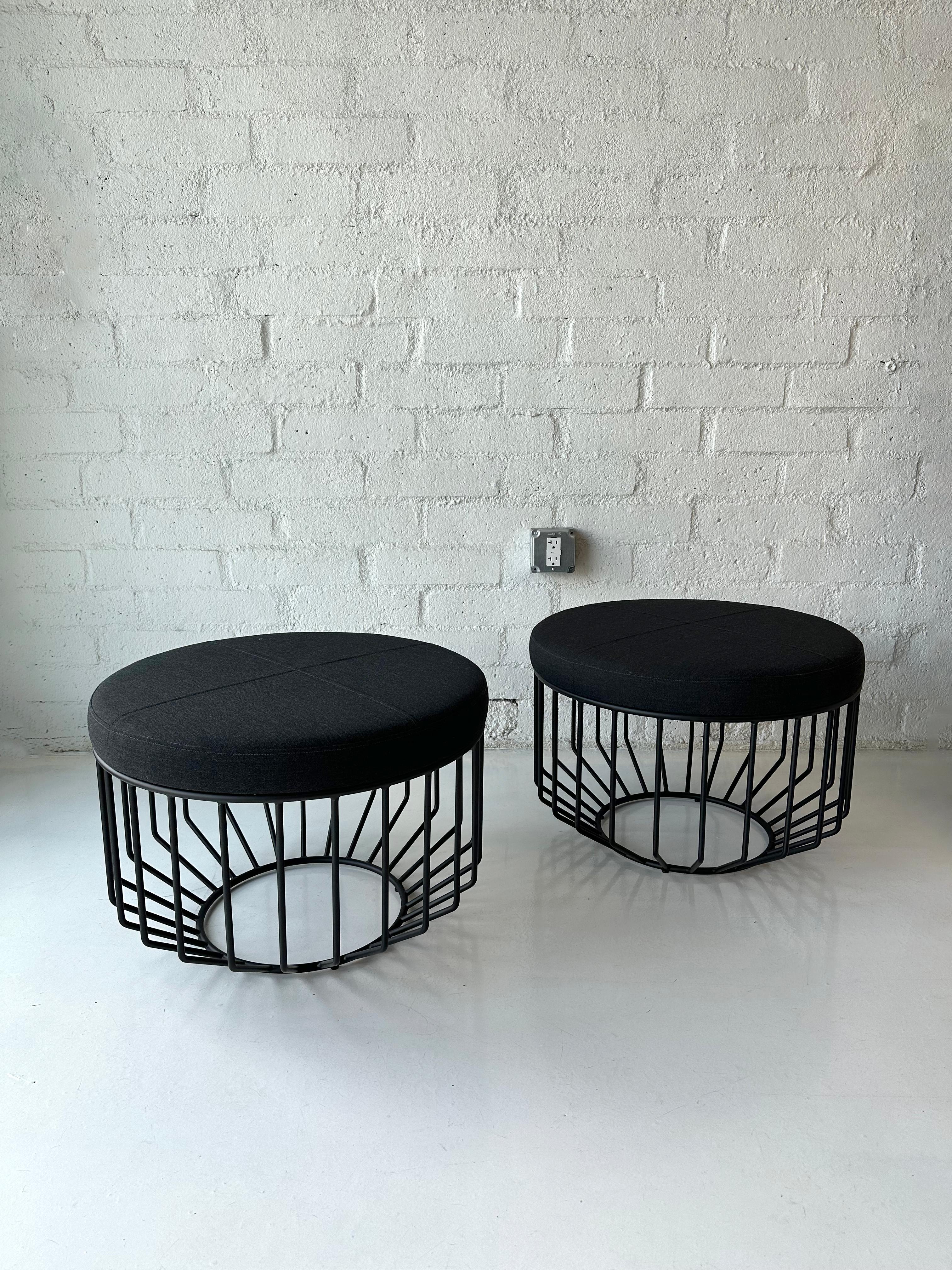 Powder-Coated Wired Ottoman, by Phase Design, Flat Black & Kvadrat Remix Fabric For Sale