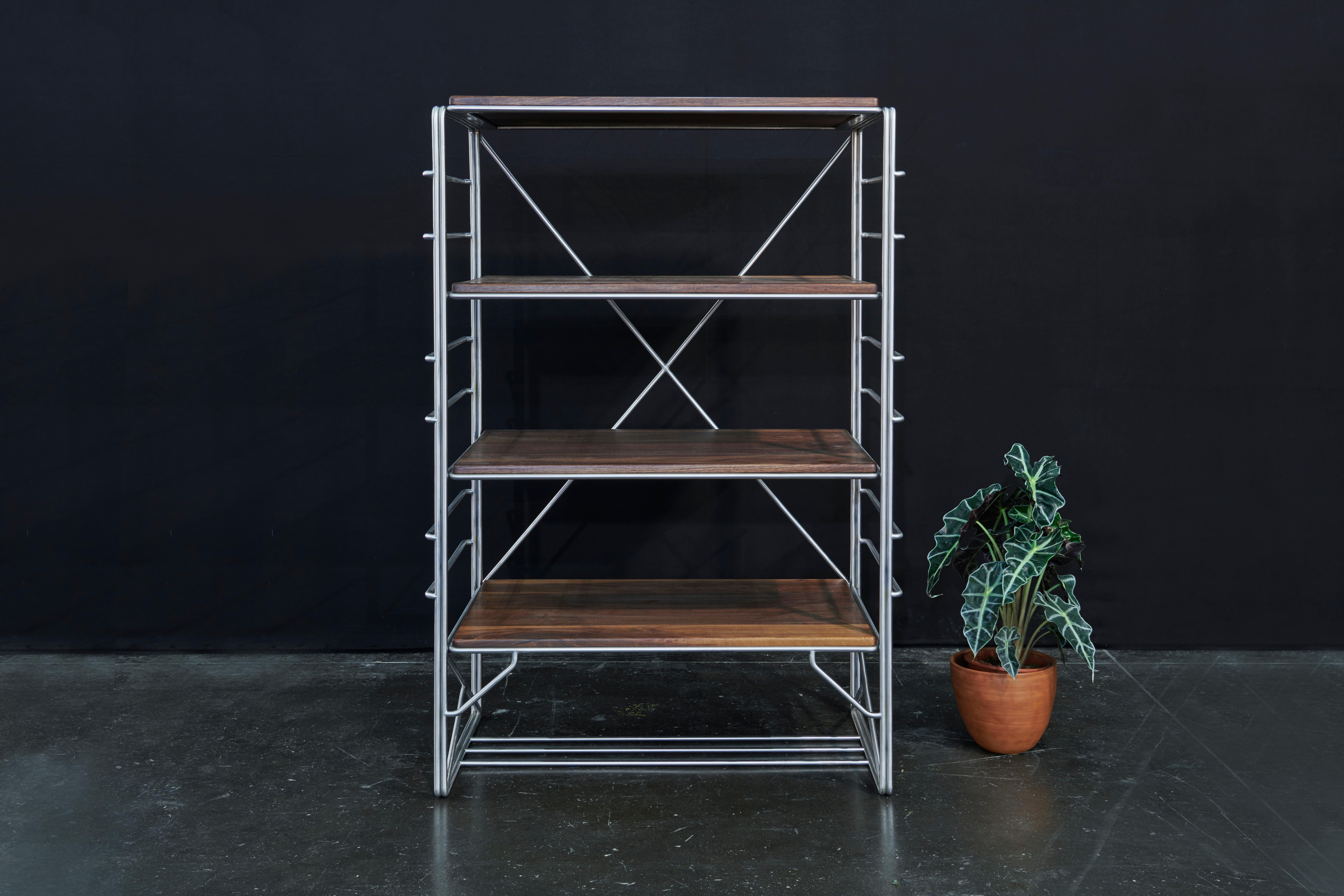 Wired Shelf, Solid Freestanding Display and Storage, in Stainless Steel, Walnut For Sale 3