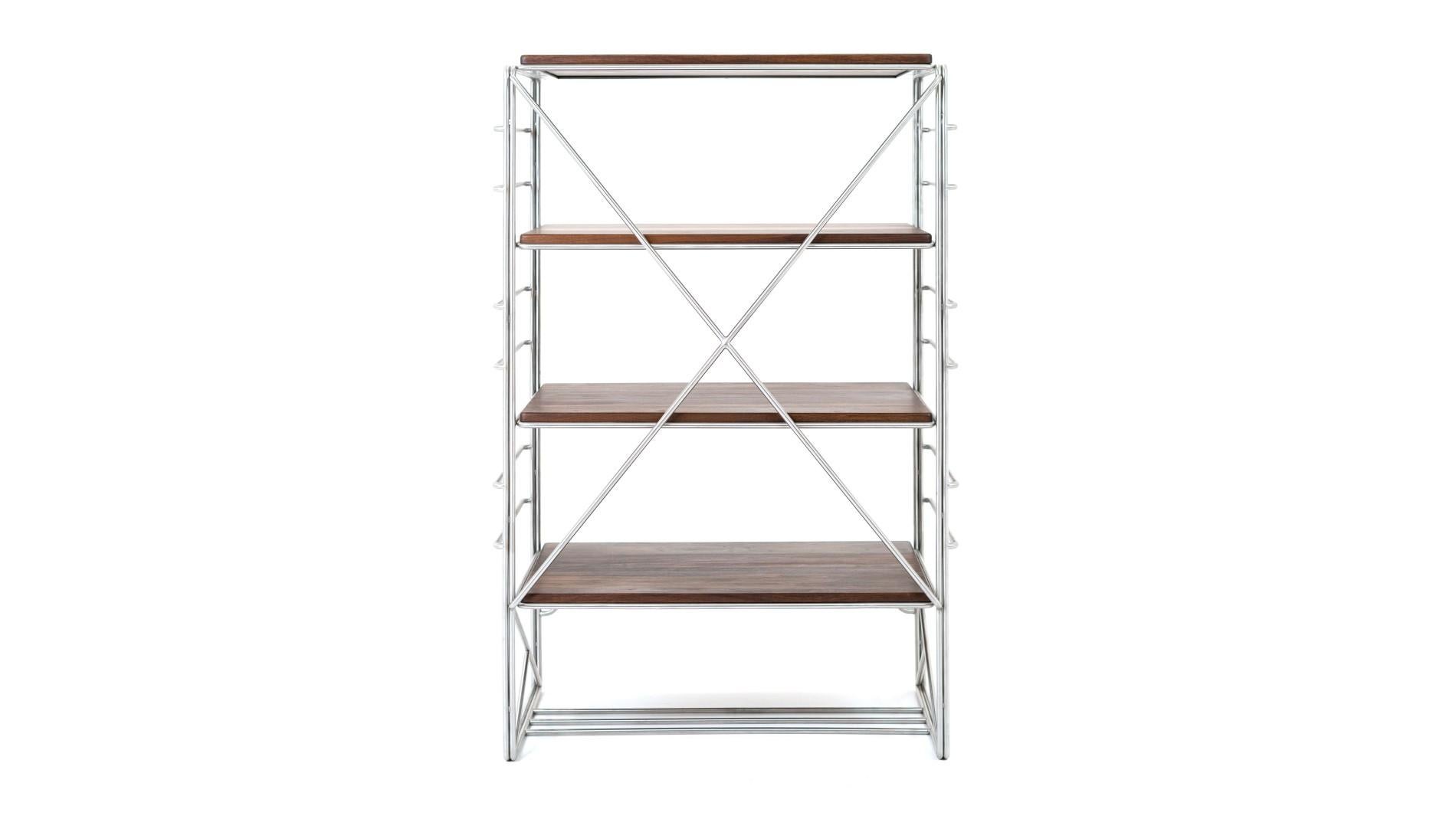 Minimalist Wired Shelf, Solid Freestanding Display and Storage, in Stainless Steel, Walnut For Sale