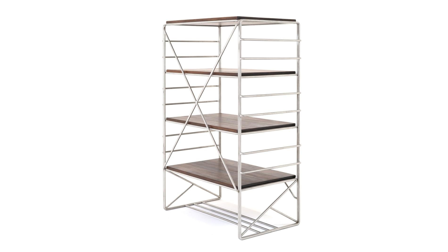 Lebanese Wired Shelf, Solid Freestanding Display and Storage, in Stainless Steel, Walnut For Sale