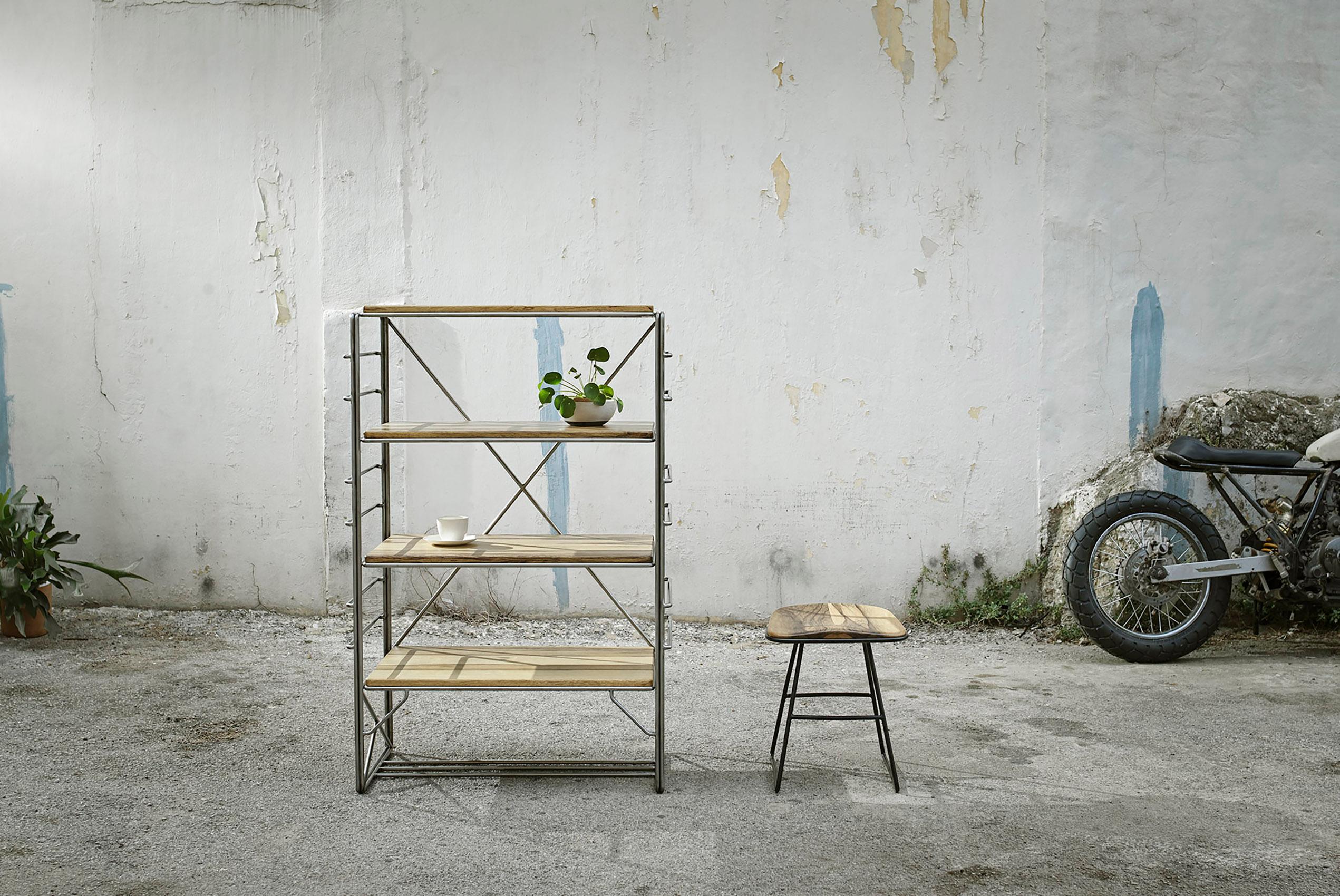 Wired Shelf, Solid Freestanding Display and Storage, in Stainless Steel, Walnut For Sale 2