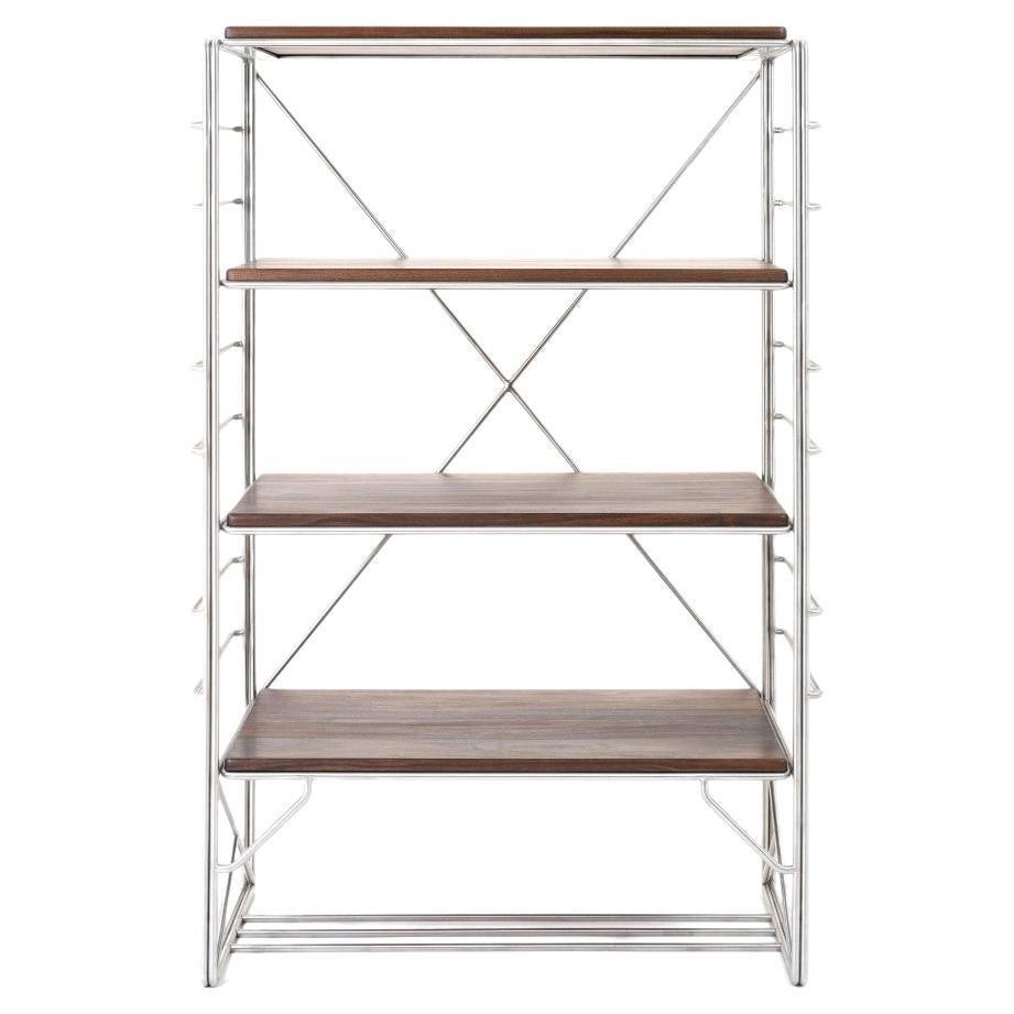 Wired Shelf, Solid Freestanding Display and Storage, in Stainless Steel, Walnut For Sale