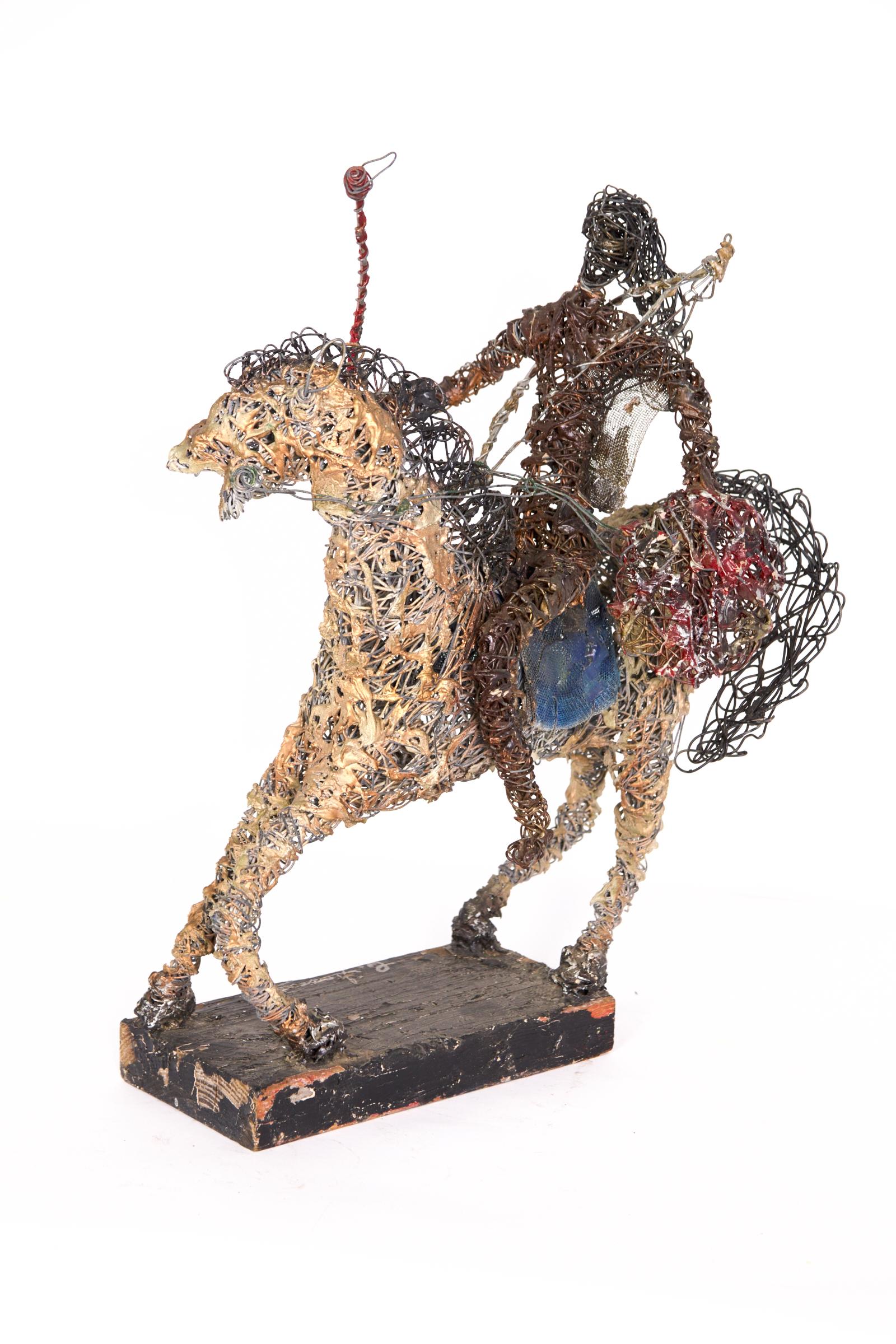 An exceptional unorthodox woven mixed metal statue of a Native American warrior gallivanting across the plains of America on his hollow metal horse. A disorienting weaving sculpture that captures an in-action shot of a Native Soldier in full stride