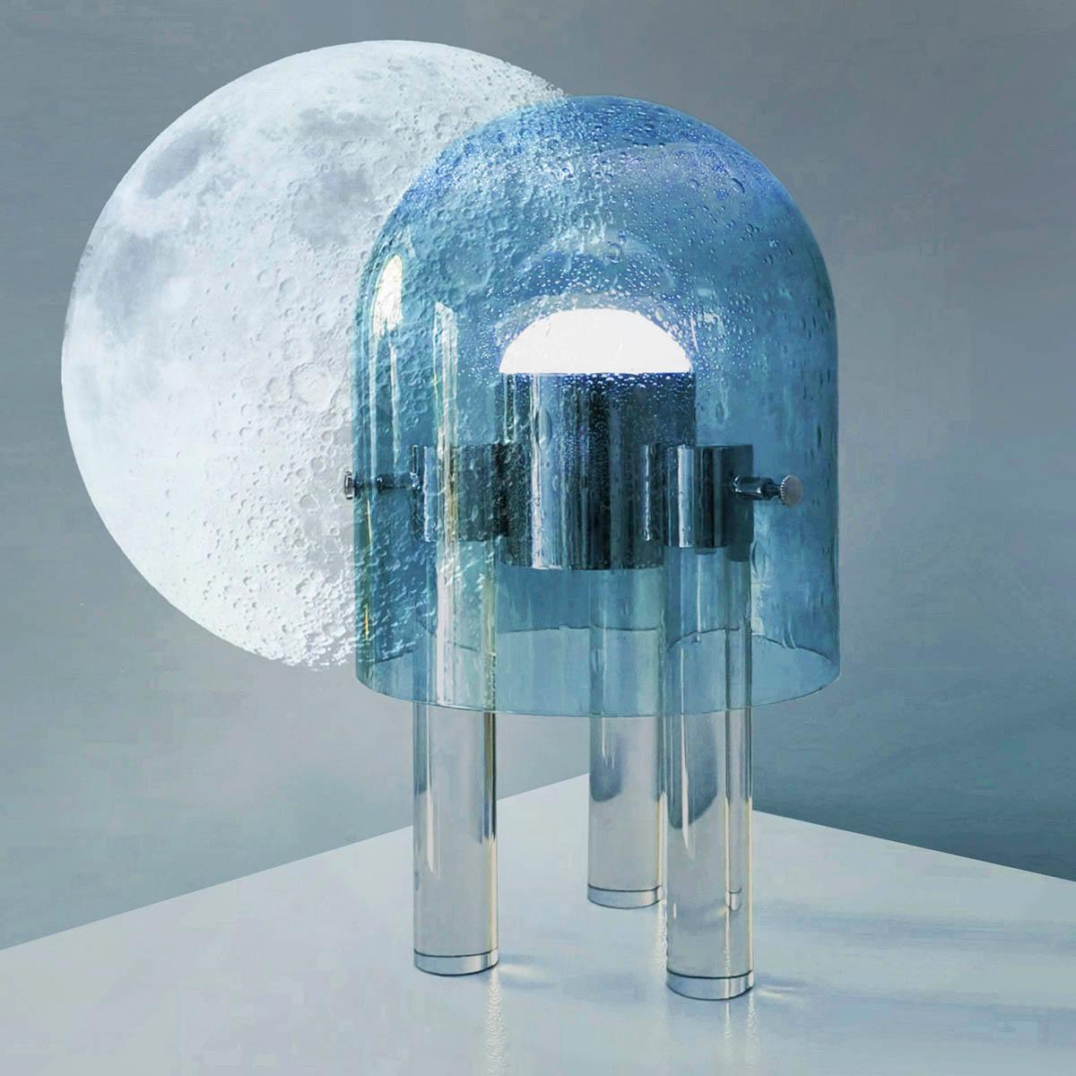 Lampe de bureau italienne à gradation en verre de Murano bleu ciel de l'ère spatiale, en laiton doré en vente 10