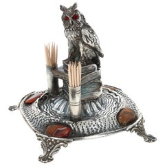 Wisdom Owl Shaped Silver Toothpick Holder 'signed'