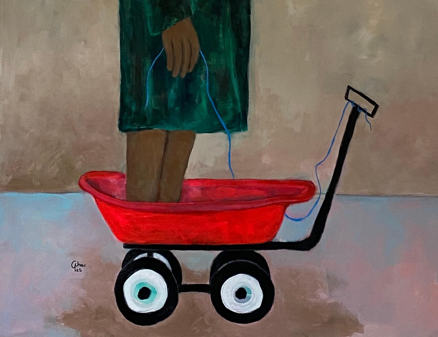 Lady on Red Wagon - 21e siècle, Contemporain, Figuratif, Néo-expressionnisme - Marron Figurative Painting par Wisdom Uche
