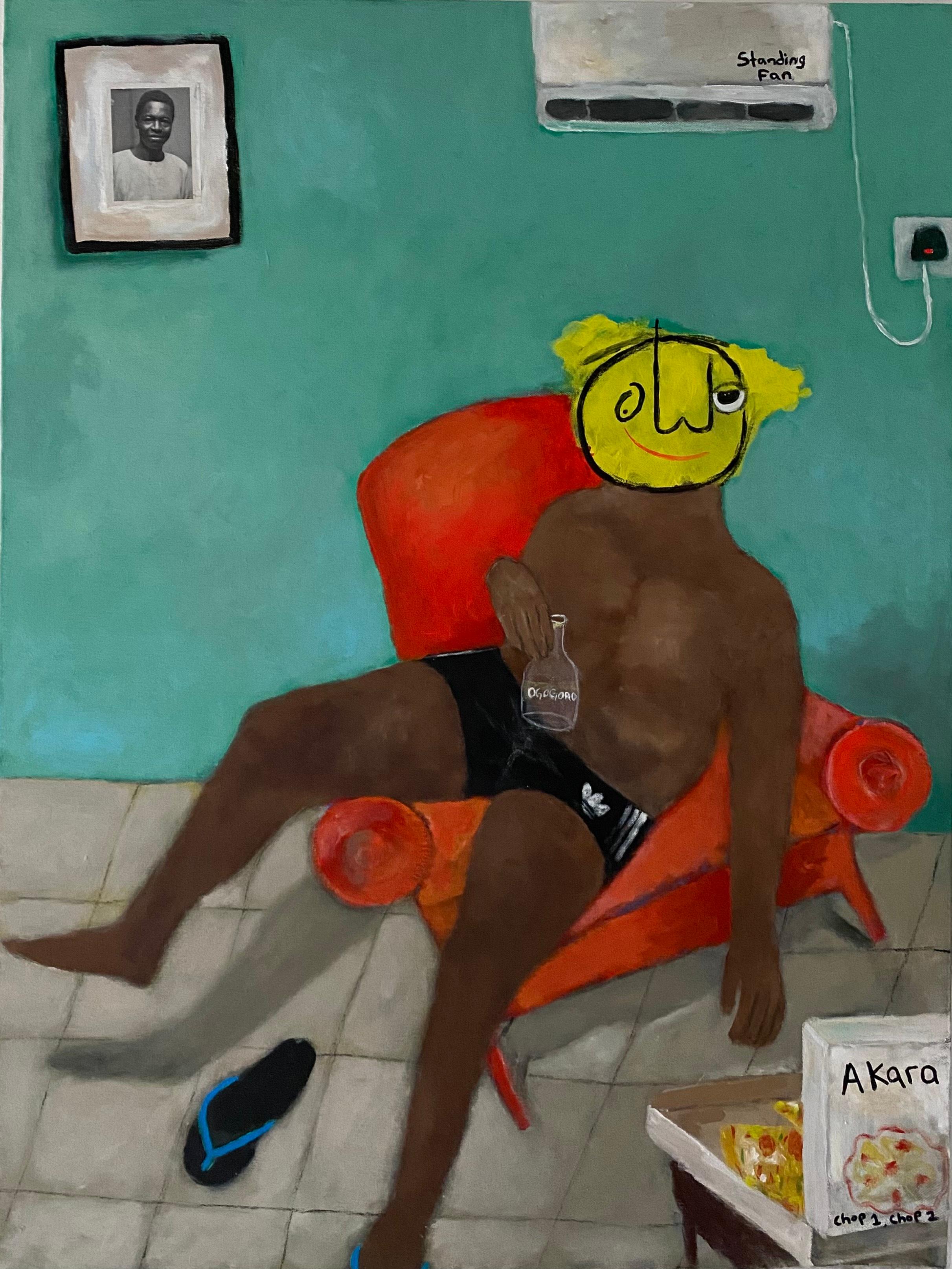 Figurative Painting de Wisdom Uche - Abanico de pie - Siglo XXI, Contemporáneo, Figurativo, Neoexpresionismo, Hogar