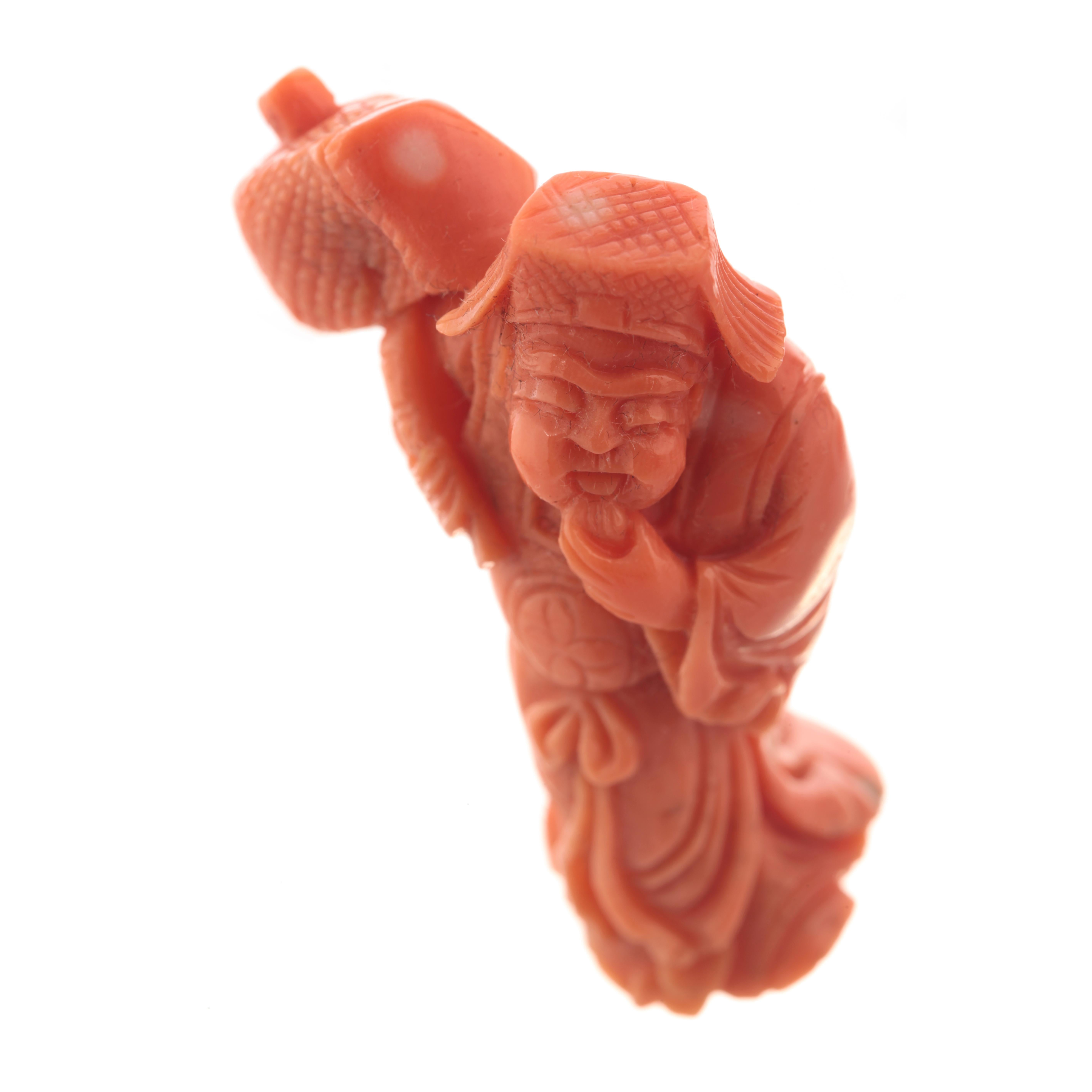 Wise Man Buddhist Carved Asian Decorative Art Statue Sculpture Natural Red Coral For Sale 1