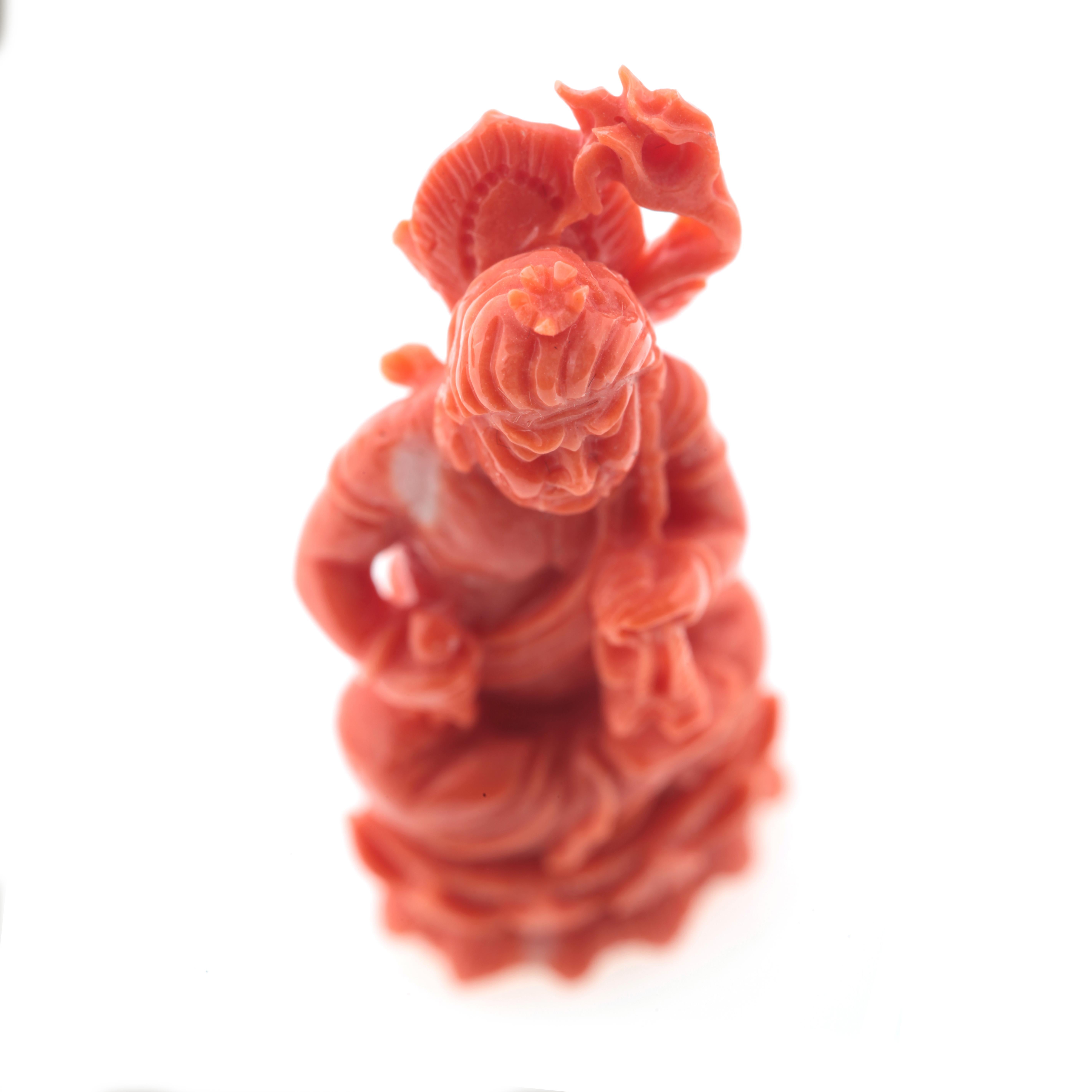 20th Century Wise Man Buddhist Carved Asian Decorative Art Statue Sculpture Natural Red Coral For Sale