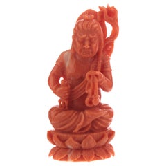 Wise Man Buddhist Carved Asian Decorative Art Statue Sculpture Natural Red Coral