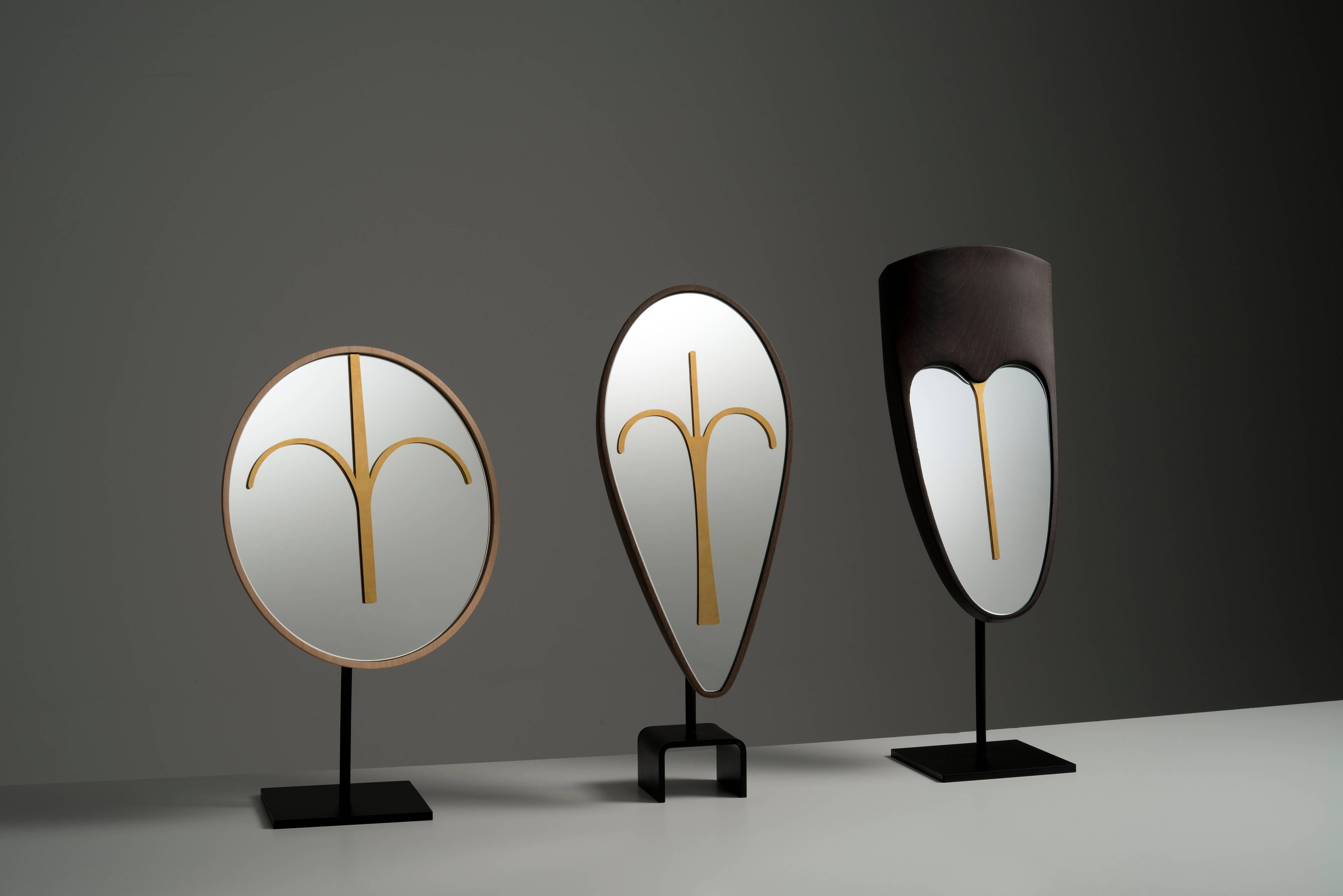 Brass Wise Mirror Eze, Modern Tribal Mask, Black Metal Base, Brown Wengè solid wood For Sale