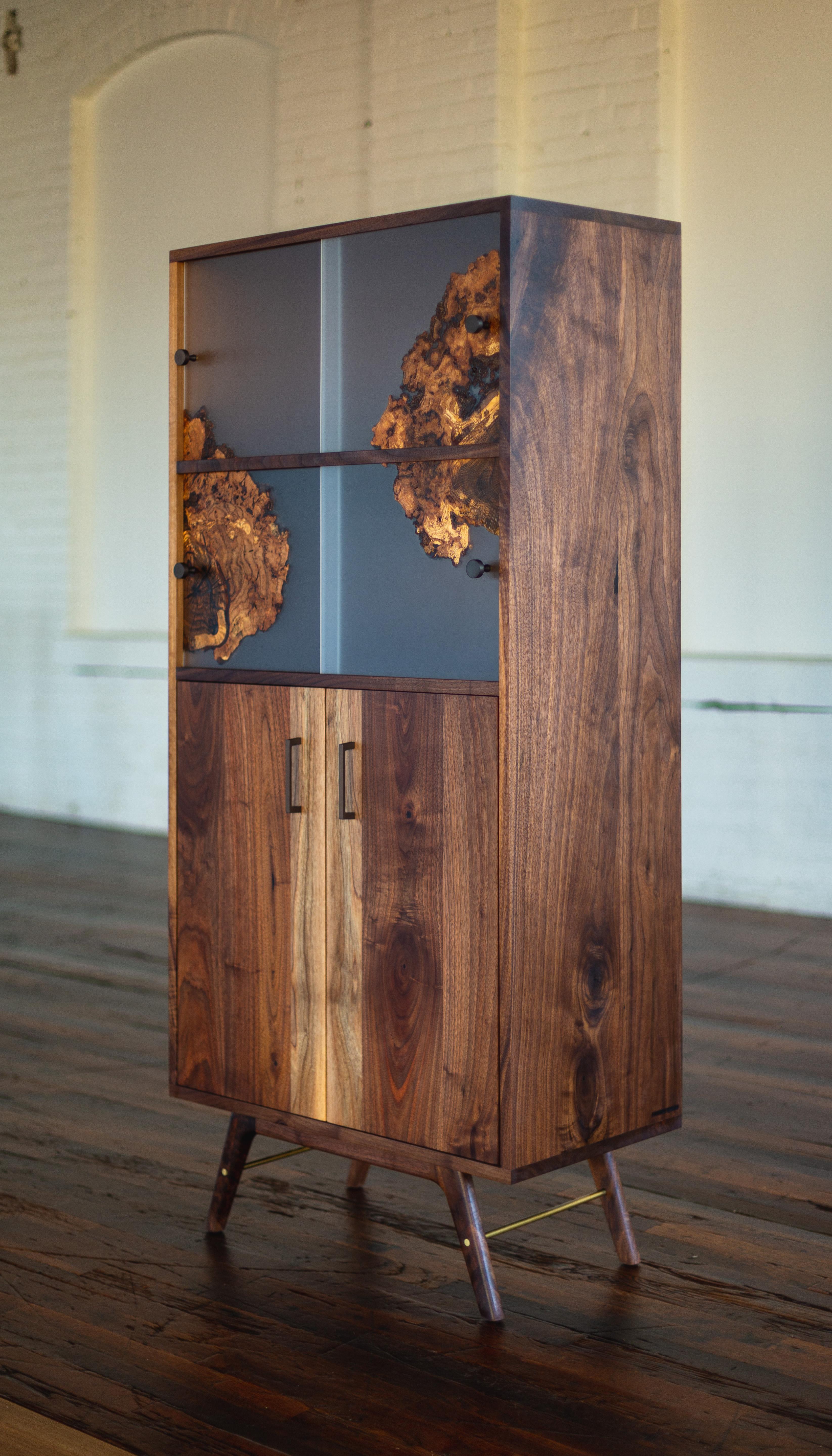 Wise Modern Cabinet with Cast Burl Sliding Panels In New Condition For Sale In Longmont, CO