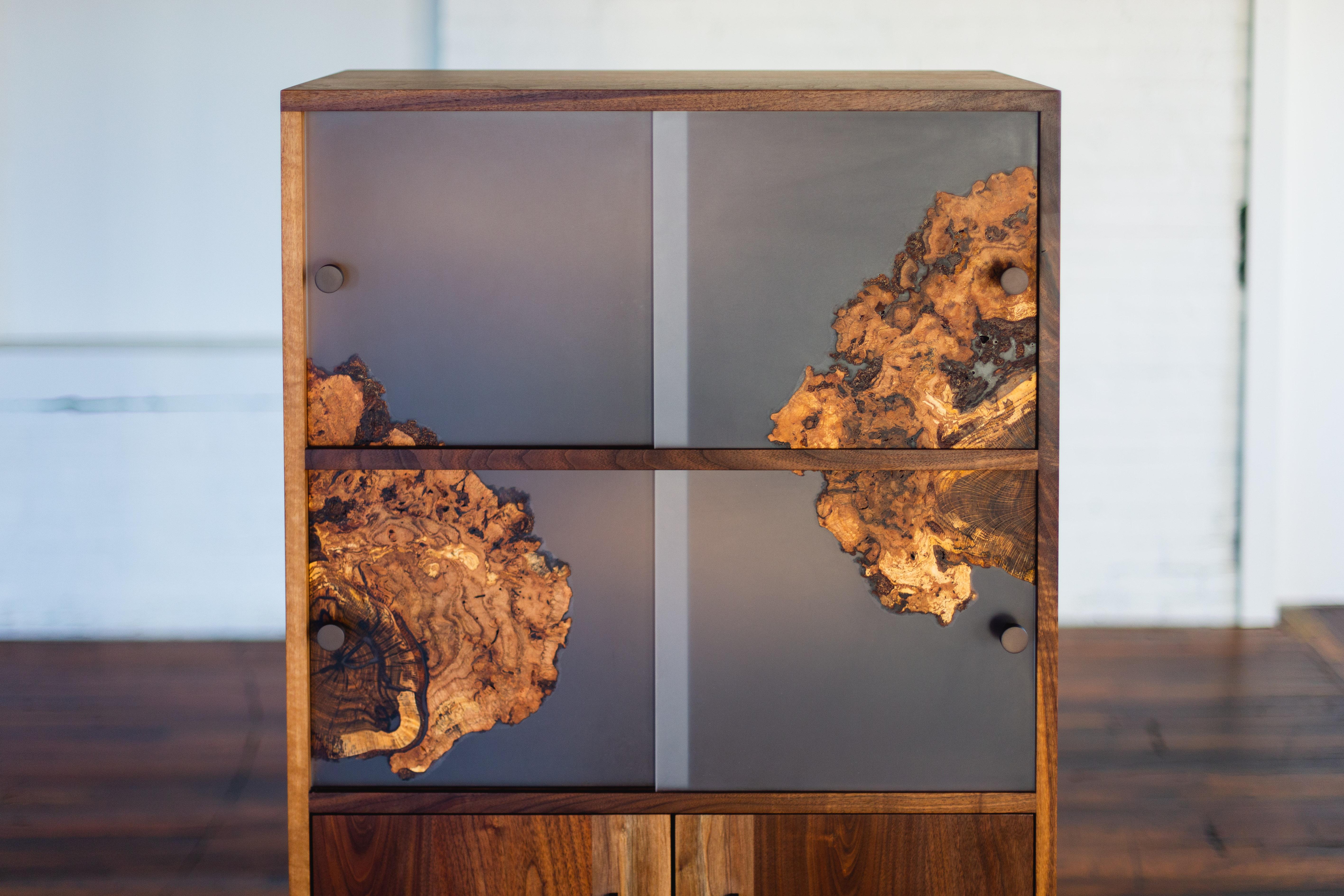 Contemporary Wise Modern Cabinet with Cast Burl Sliding Panels For Sale