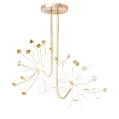 "Wish-Couple" Dandelion Sculpture Pendant, Optic Fiber, Art Brass, Silveredglass