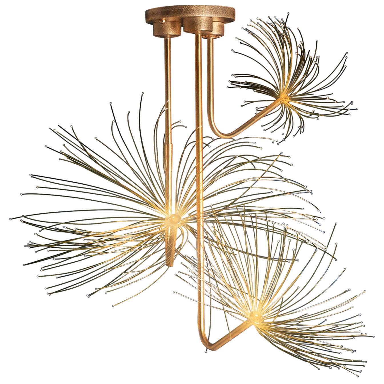 "Wish" Dandelion Sculpture Pendant Lamp, Optic Fiber, Brass, Silvered Glass