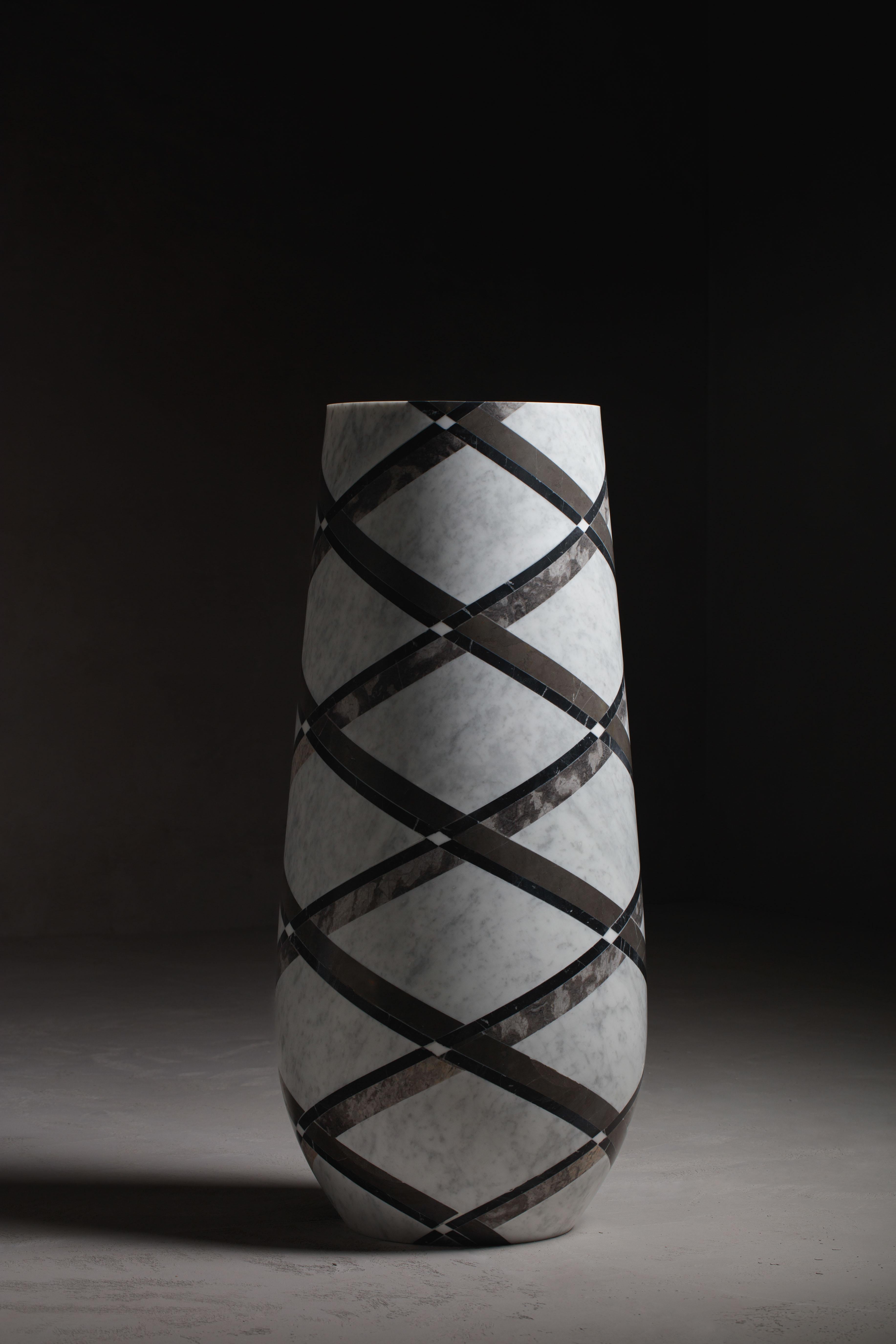 Wish Diagonal Vase by Kreoo 
Designed by Christophe Pillet
Dimensions: Ø 54 x H 118 cm.
Materials: Marble.

Vase made with inserts of different materials associating industrial technique to craftsmanship and manual processing. Marble is a natural