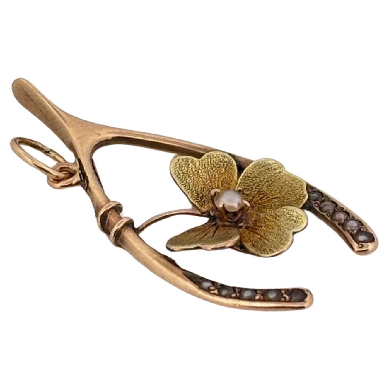 Retro Wishbone Seed Pearl 14K Yellow Gold Brushed Flower Antique Pendant For Sale
